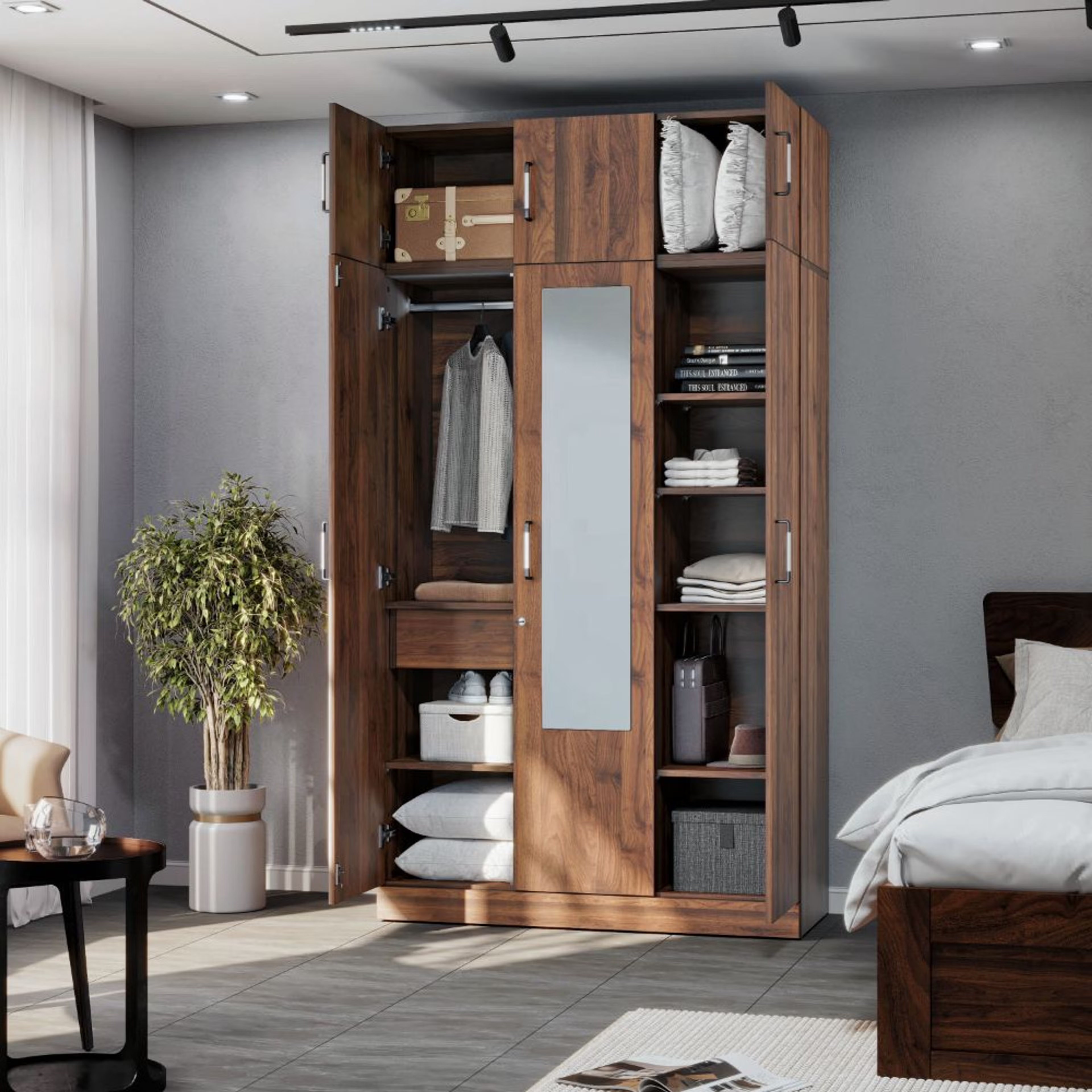 Home 43 Gingham 3 Door Wardrobe in Matte Finish with Drawer, Mirror, Loft and 1 Hanging Space | (Columbia Walnut) 3 Door, With Drawer, With Mirror, With Loft, 1 Hanging Area, Columbia Walnut
