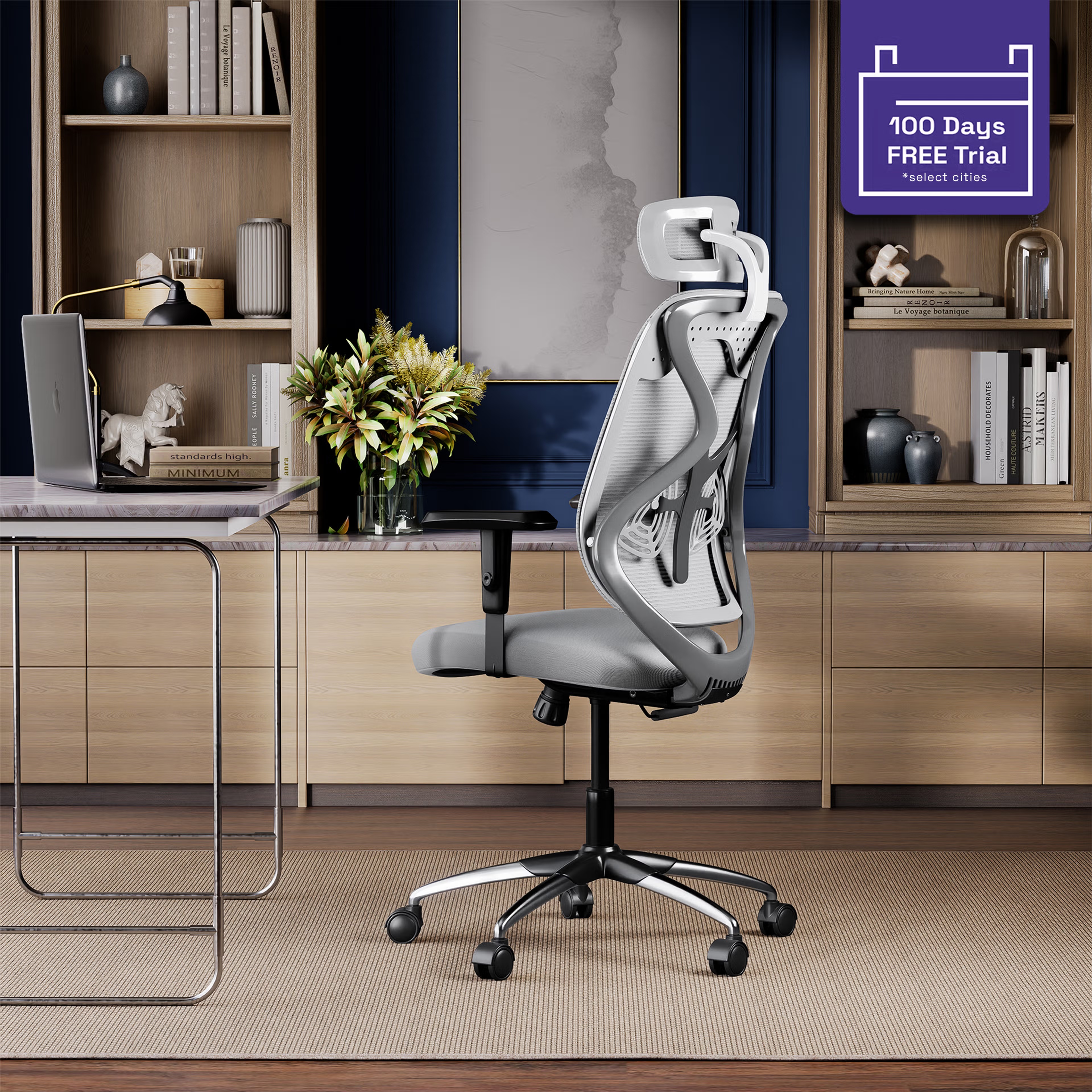 Wakefit Gravita Prime High Back Ergonomic Office Chair | Chrome Base | DIY Assembly White and Grey, Single Lock, Chrome Base