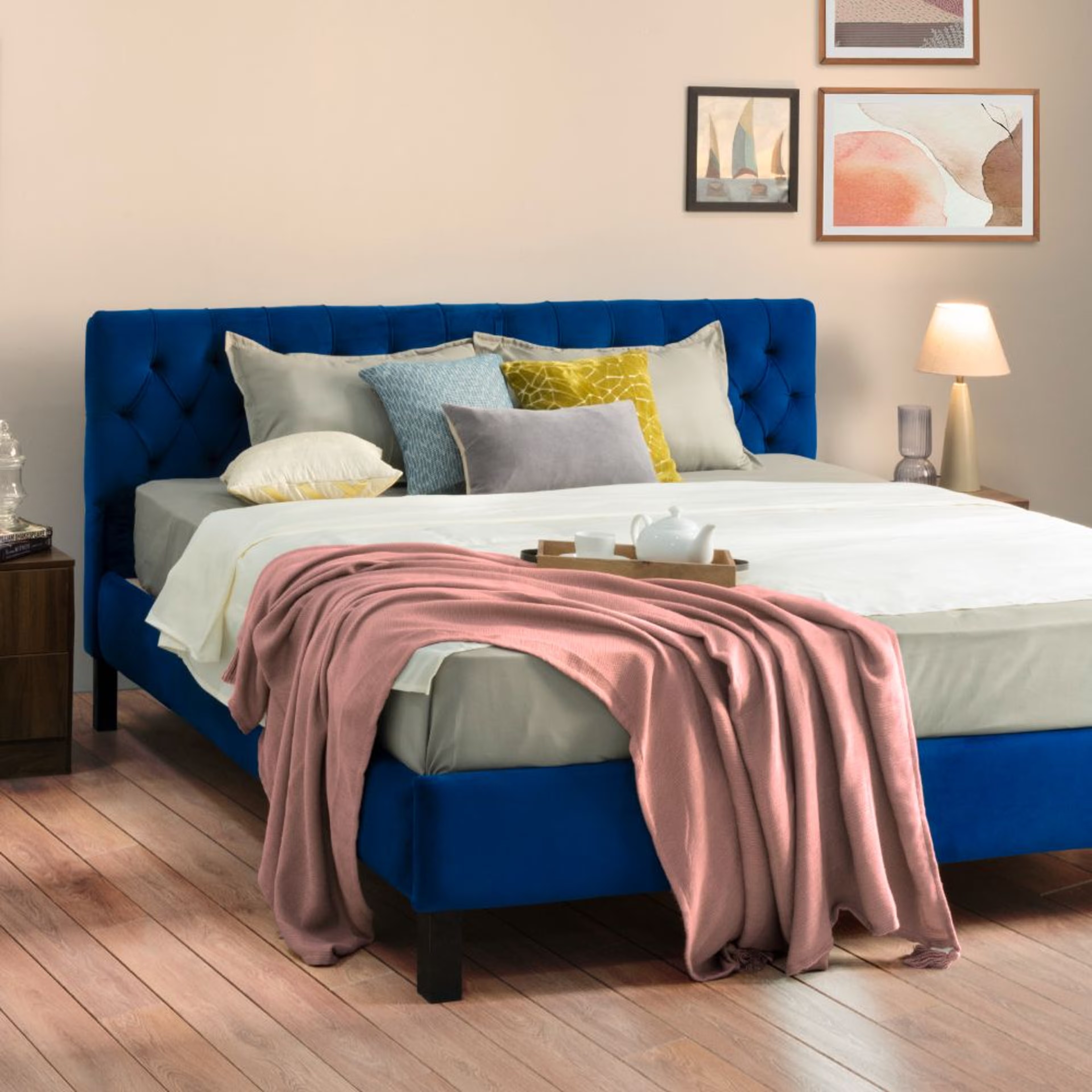 Wakefit Solis Upholstered King Bed without Storage (velvet blue) King - 78" x 72\
