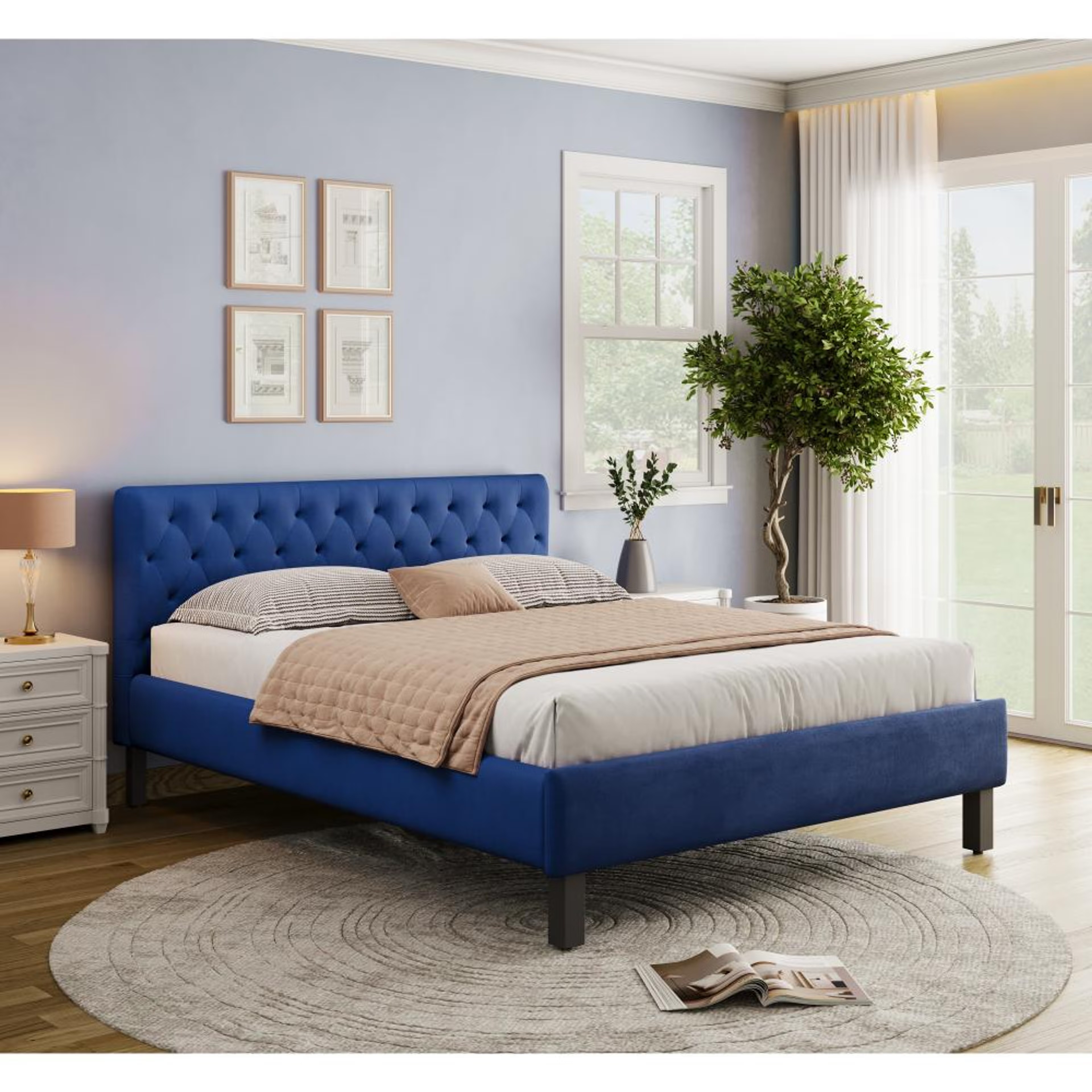 Wakefit Solis Upholstered Queen Bed without Storage (velvet blue) Queen - 78" x 60\