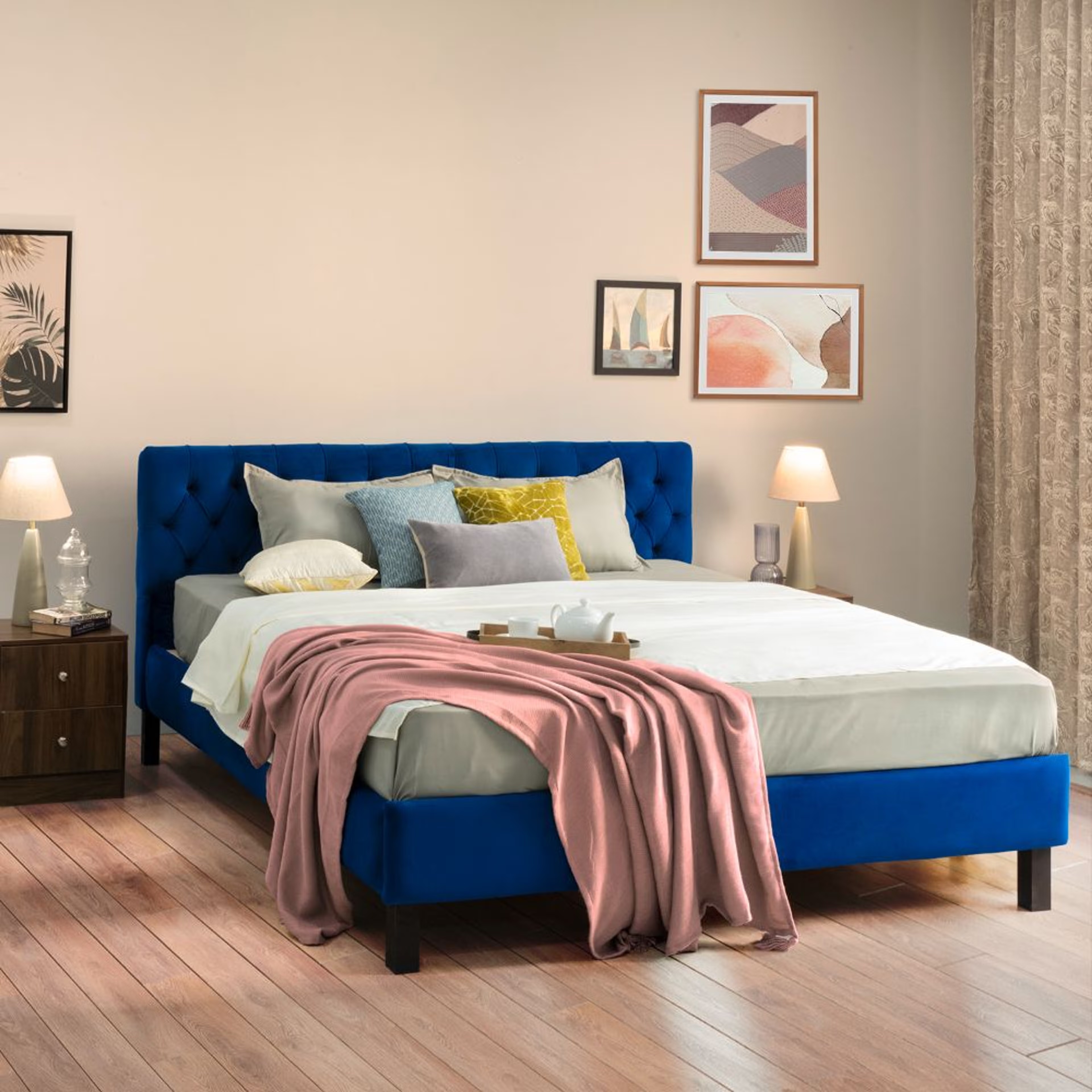 Wakefit Solis Upholstered Queen Bed without Storage (velvet blue) Queen - 78" x 60\