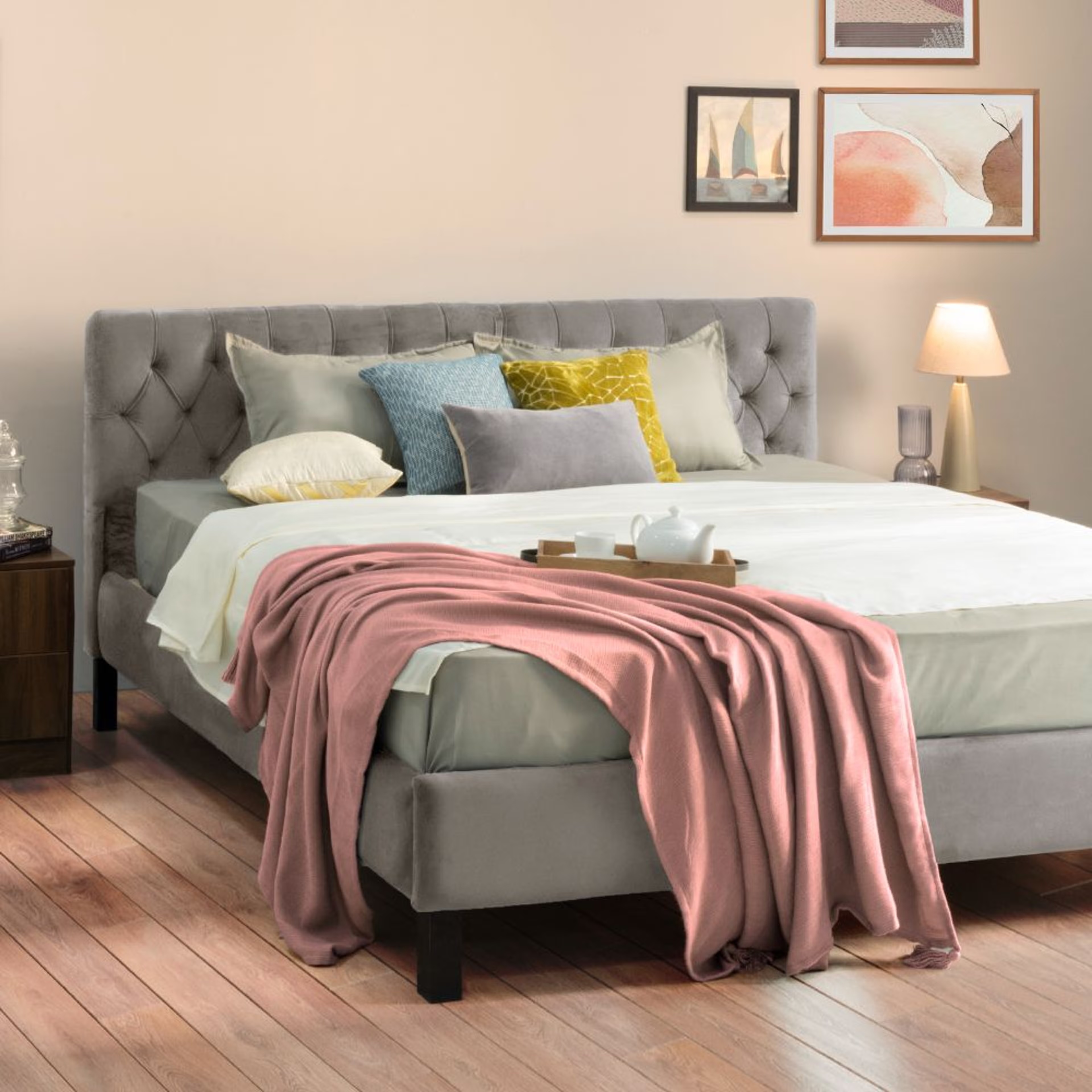 Wakefit Solis Upholstered Queen Bed without Storage (Velvet tuscan tan) Queen - 78" x 60\