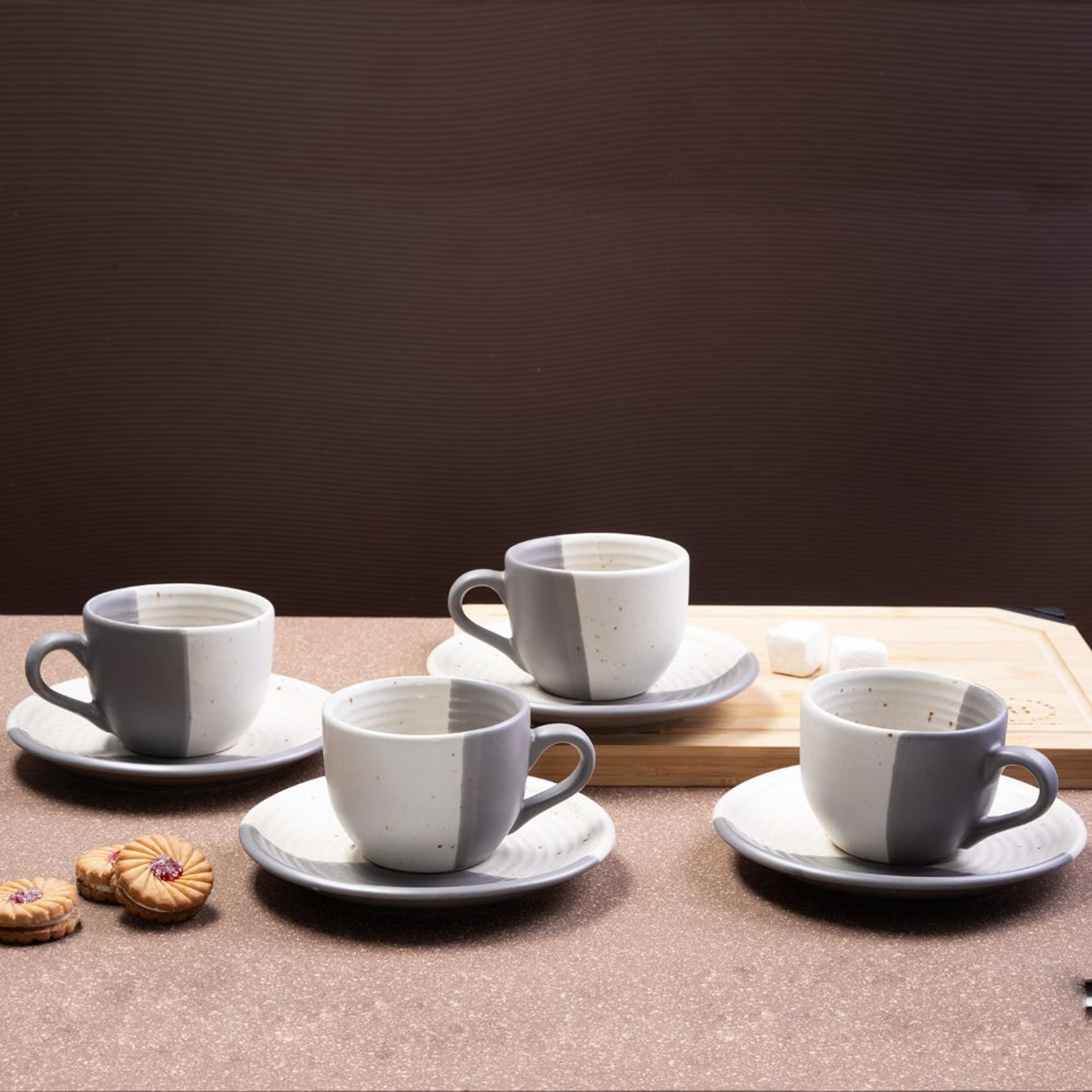 Premium Tea Cup & Saucer | Set of 4 | 180 ml | Eco-Friendly Stoneware Ceramic | Toxin Free | BPA and Lead Free | Microwave & Dishwasher Safe | Ideal for Gifting | Grey White Matt | Dazzle Stoneware, Set of 4, Grey Matt