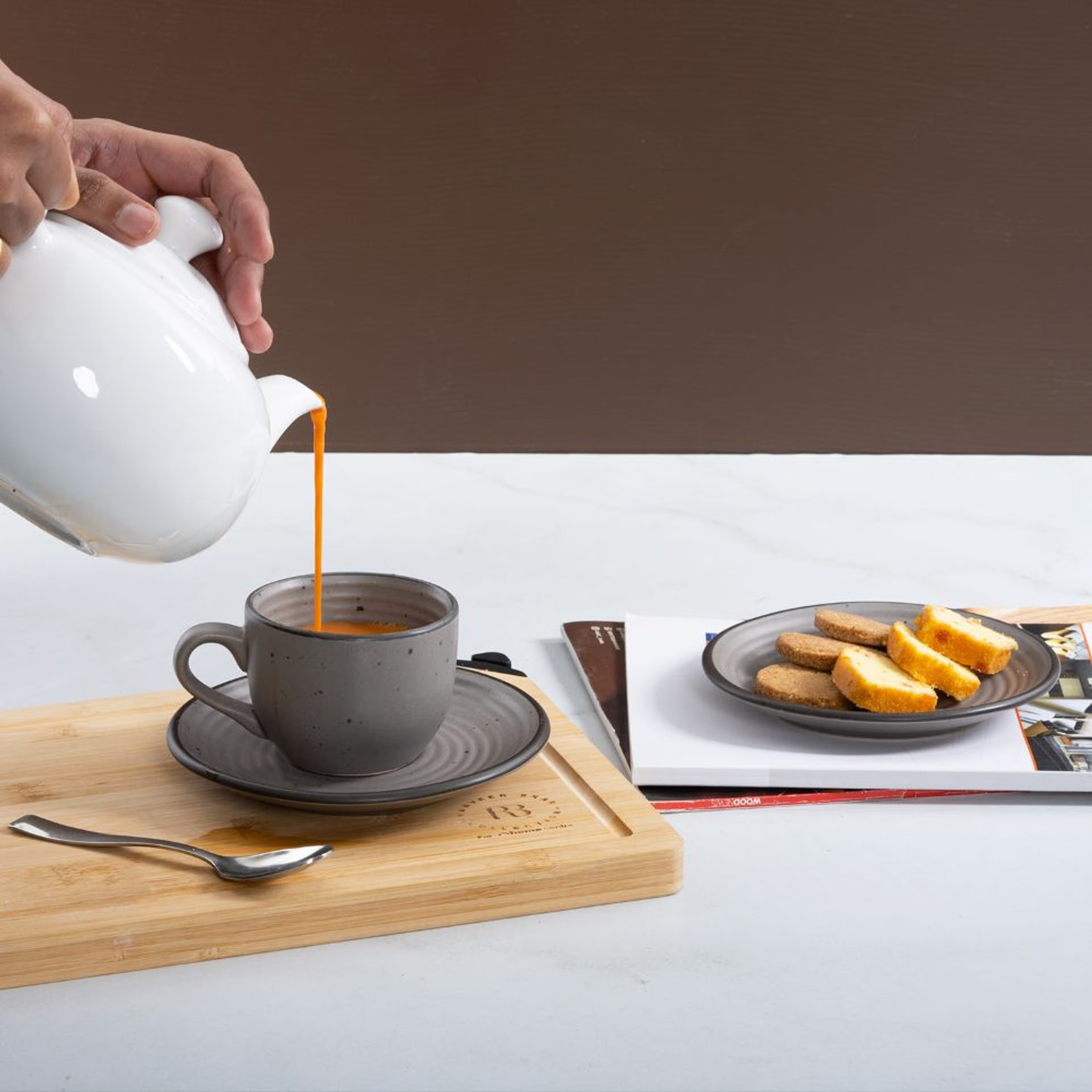 Premium Tea Cup & Saucer | Set of 4 | 180 ml | Eco-Friendly Stoneware Ceramic | Toxin Free | BPA and Lead Free | Microwave & Dishwasher Safe | Ideal for Gifting | Grey,Cement Matt | Feat Stoneware, Set of 4, Grey