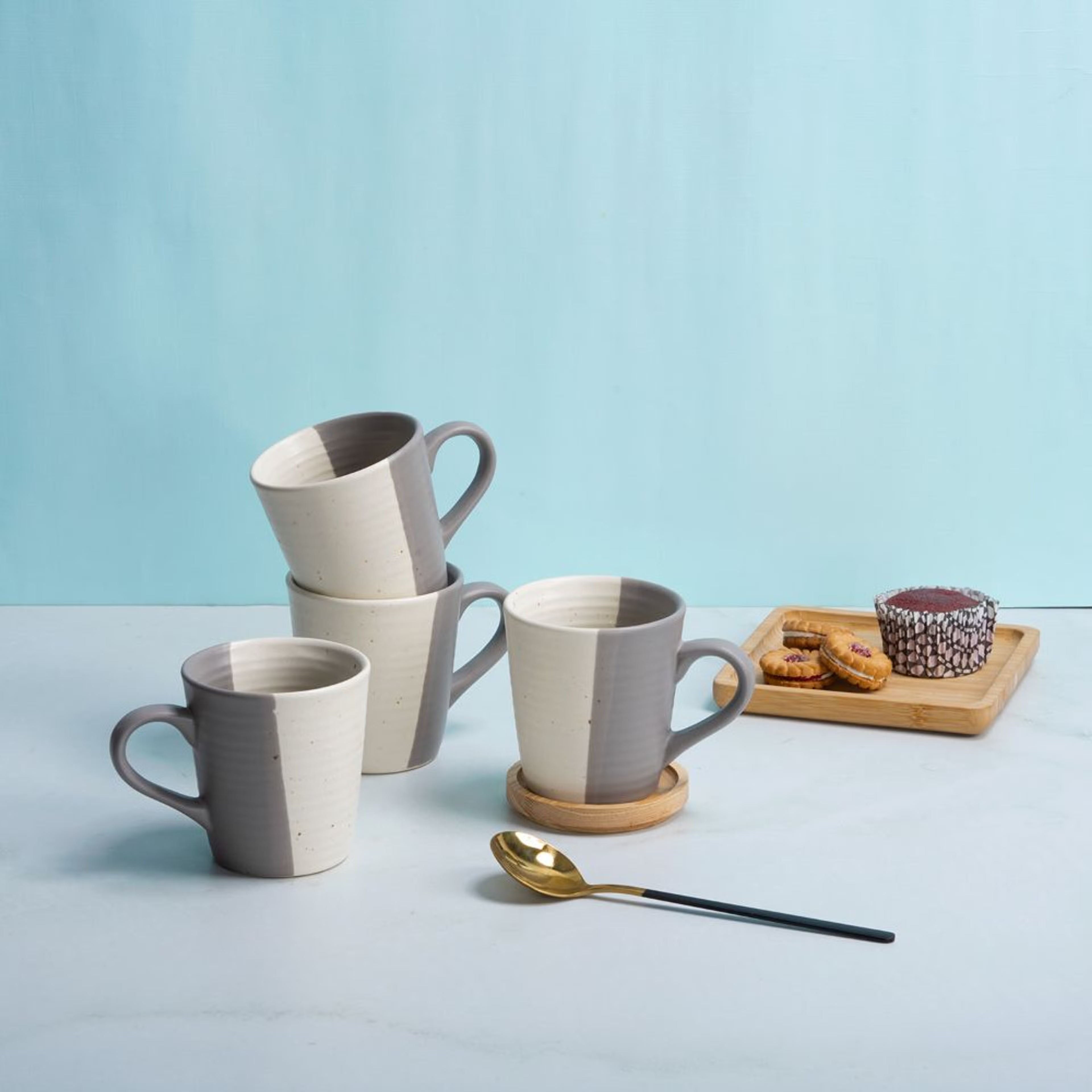 Home 30 Premium Coffee Mugs | Set of 4 | 320 ml | Eco-Friendly Stoneware Ceramic | Toxin Free | BPA and led free | Perfect for gifting | Microwave & Dishwasher Safe | Grey and cream Matt | Dazzle Stoneware, Set of 4, Mug, Grey Matt