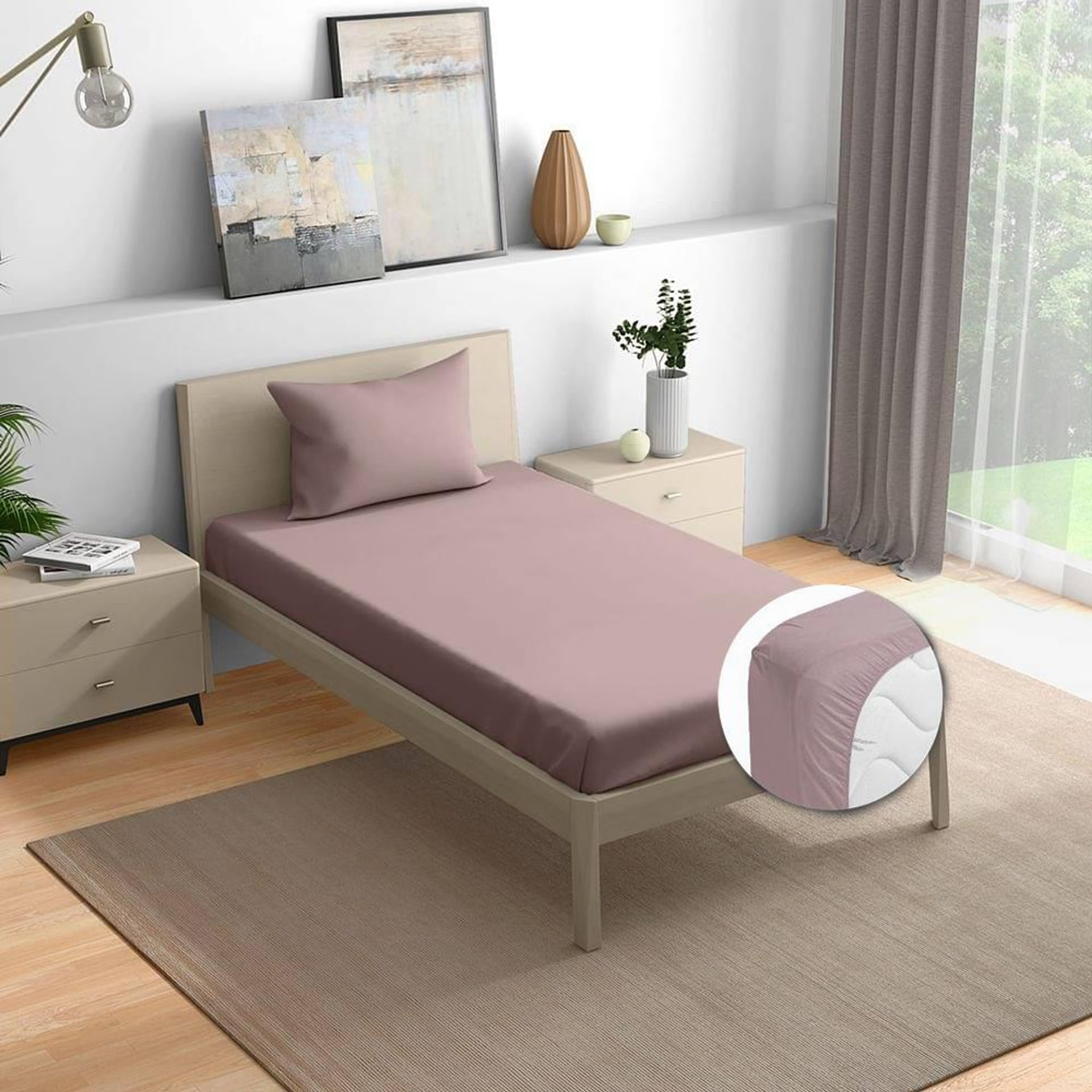 Home 32 Wakefit 100% Cotton 200 TC Fitted Bedsheet With 1 Pillow Cover | Wood Rose Single - 72" x 36\