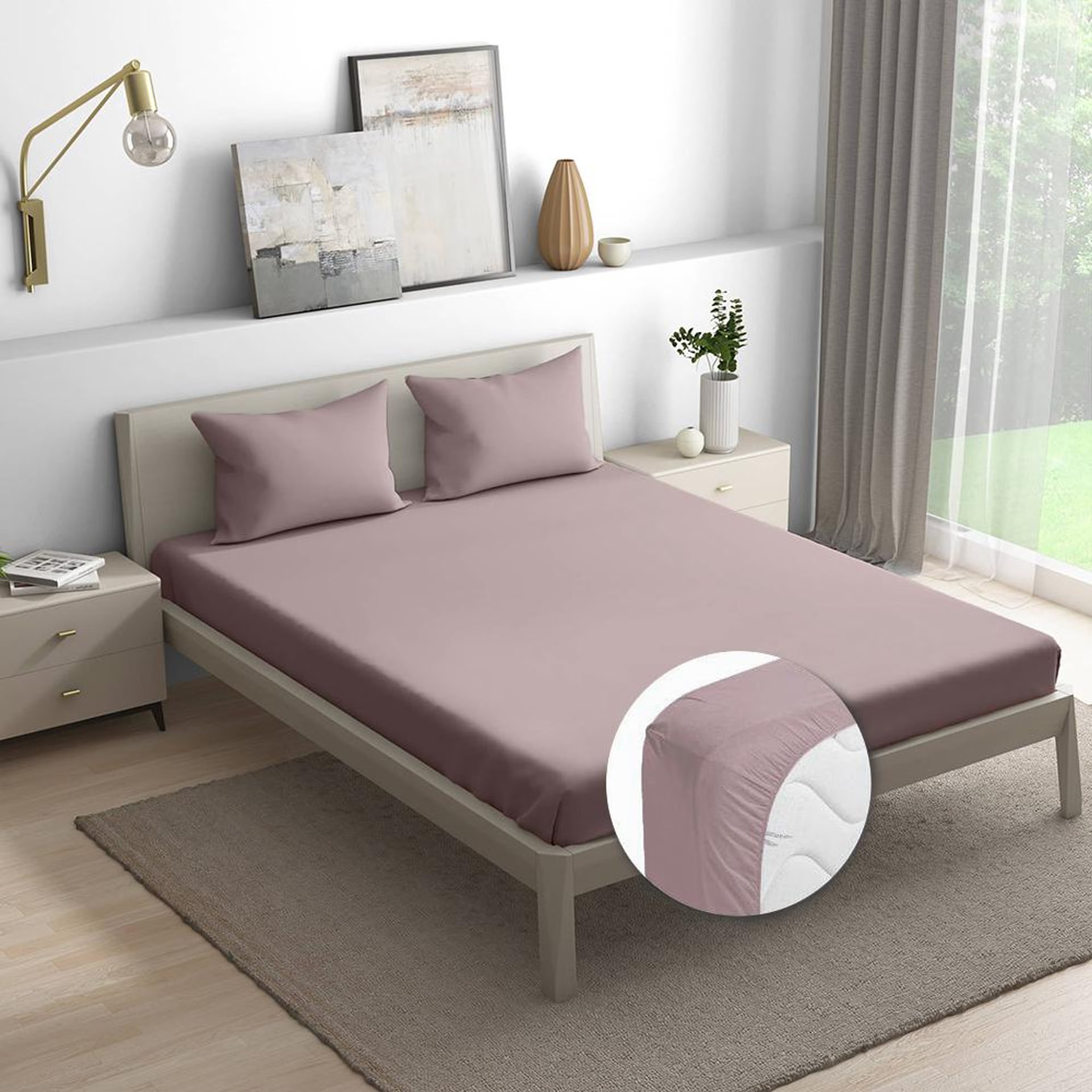 Wakefit 100% Cotton 200 TC Fitted Bedsheet With 2 Pillow Cover | Wood Rose King - 72" x 70\
