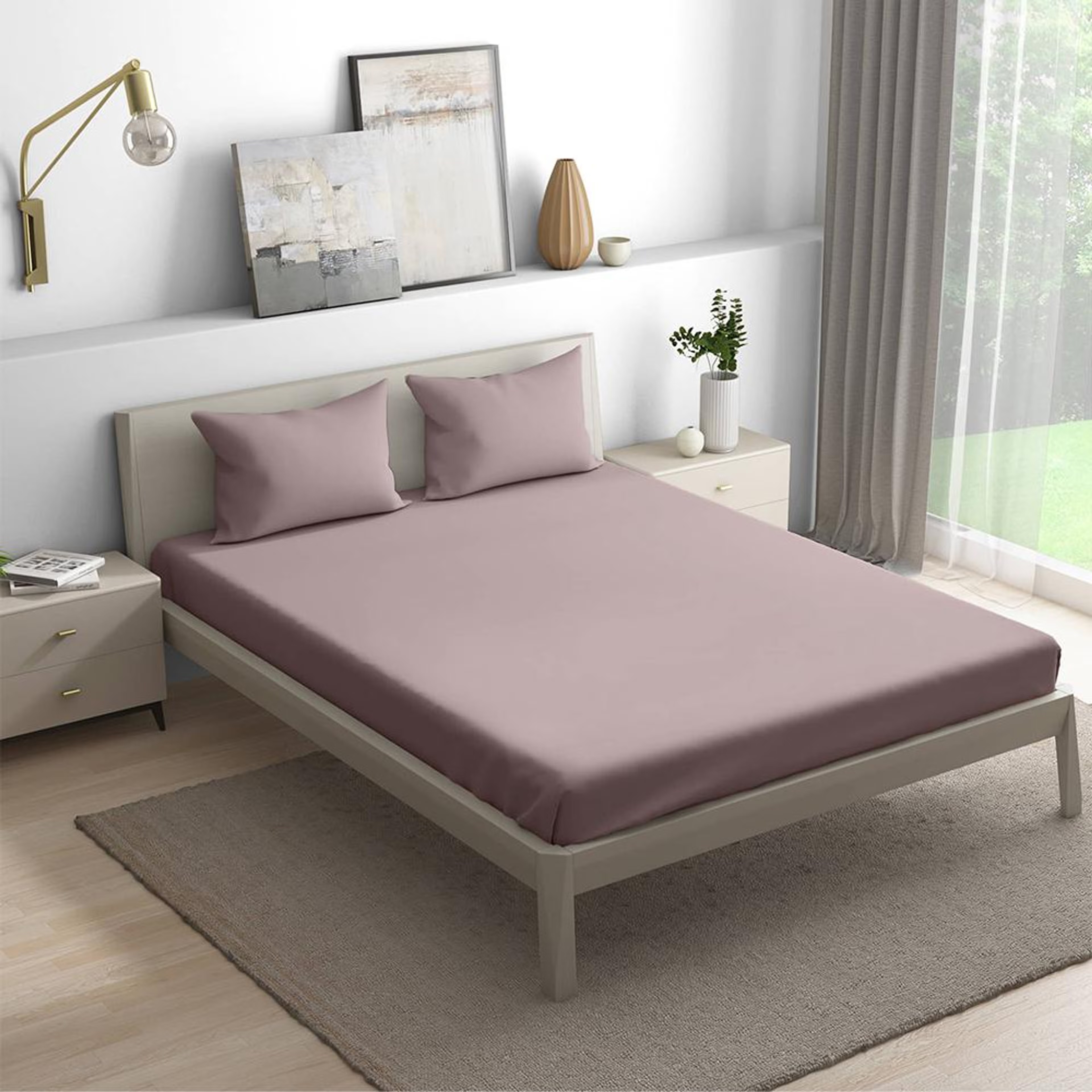 Wakefit 100% Cotton 200 TC Fitted Bedsheet With 2 Pillow Cover | Wood Rose King - 72" x 72\