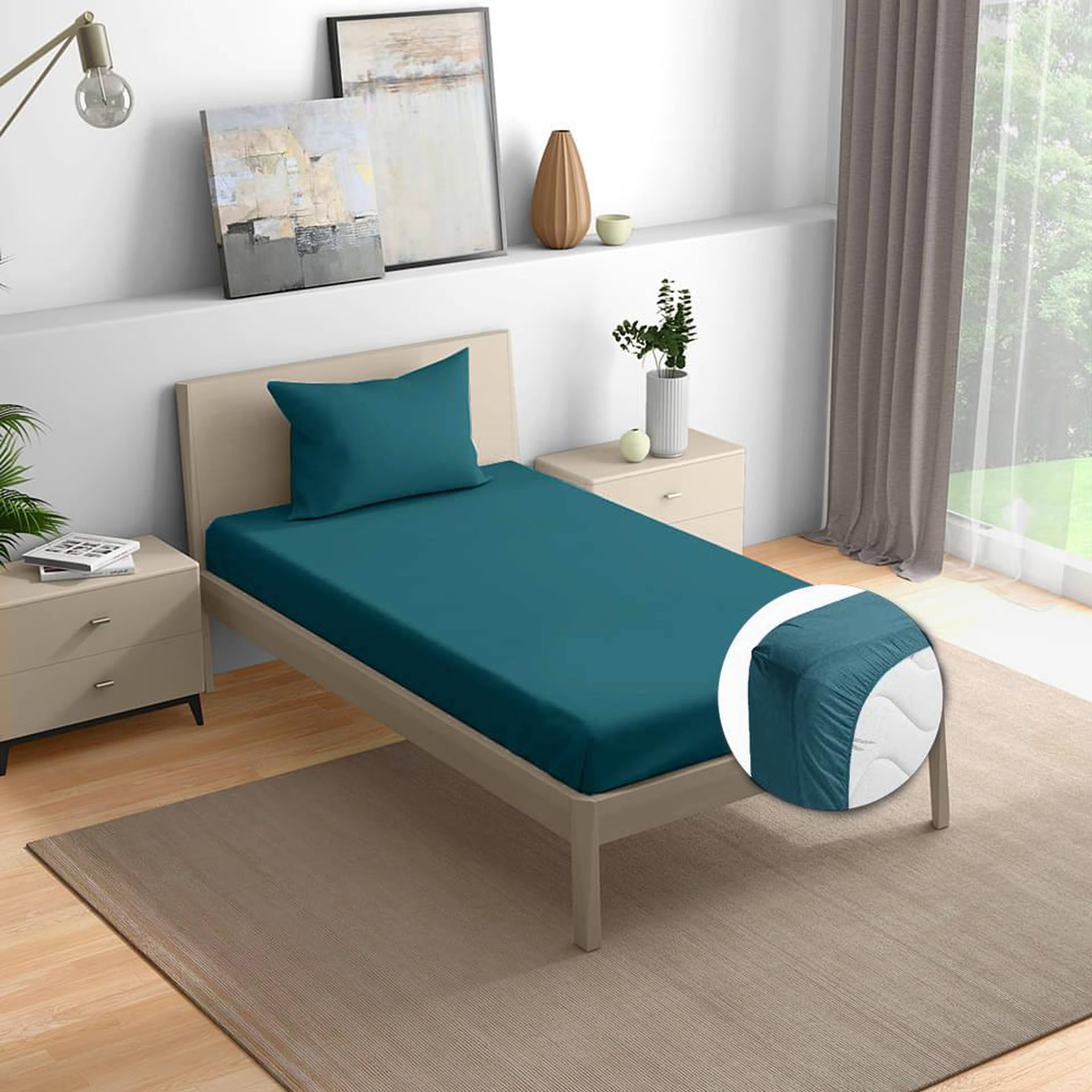 Wakefit 100% Cotton 200 TC Fitted Bedsheet With 1 Pillow Cover | Peacock Blue Single - 72" x 30\
