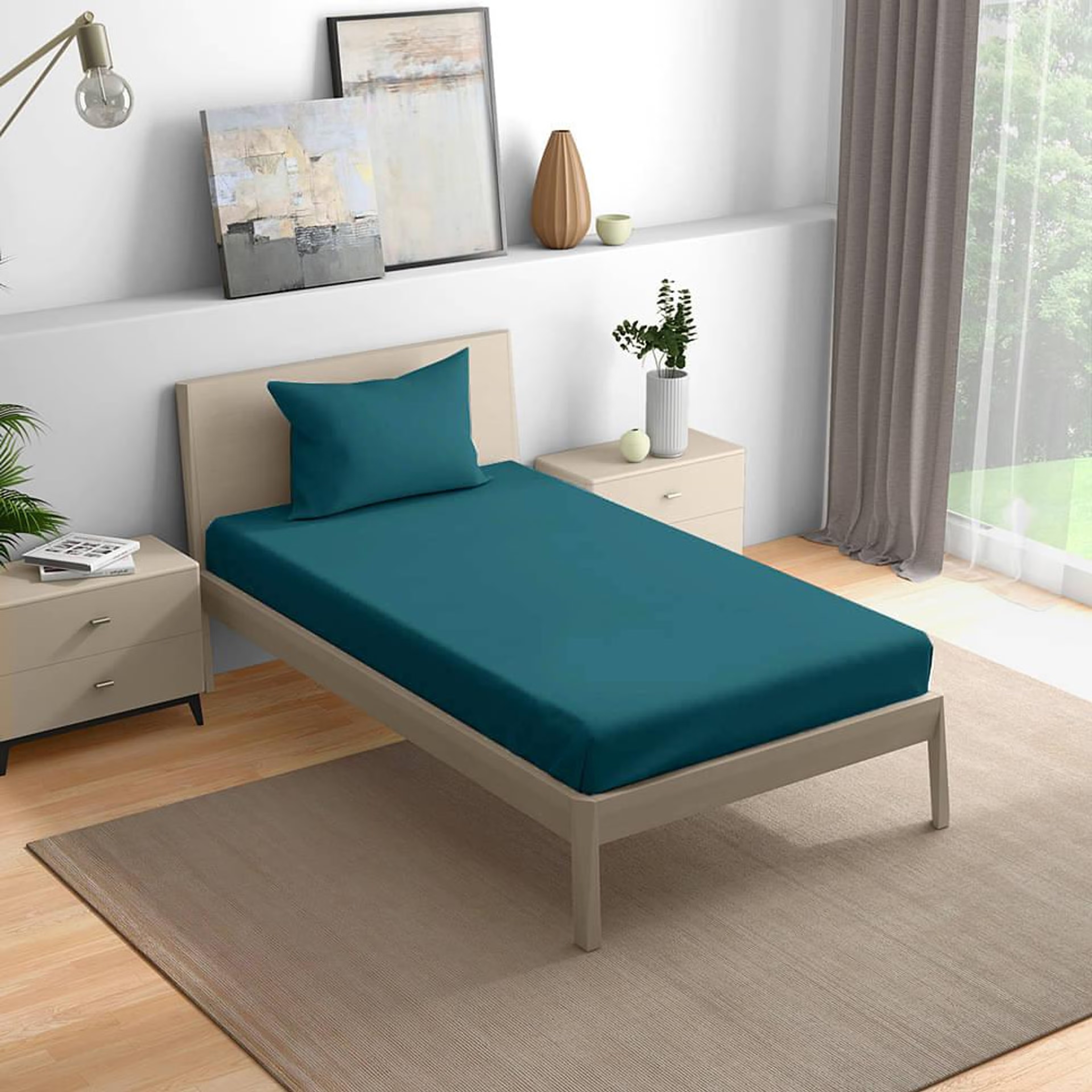 Home 38 Wakefit 100% Cotton 200 TC Fitted Bedsheet With 1 Pillow Cover | Peacock Blue Single - 72" x 36\