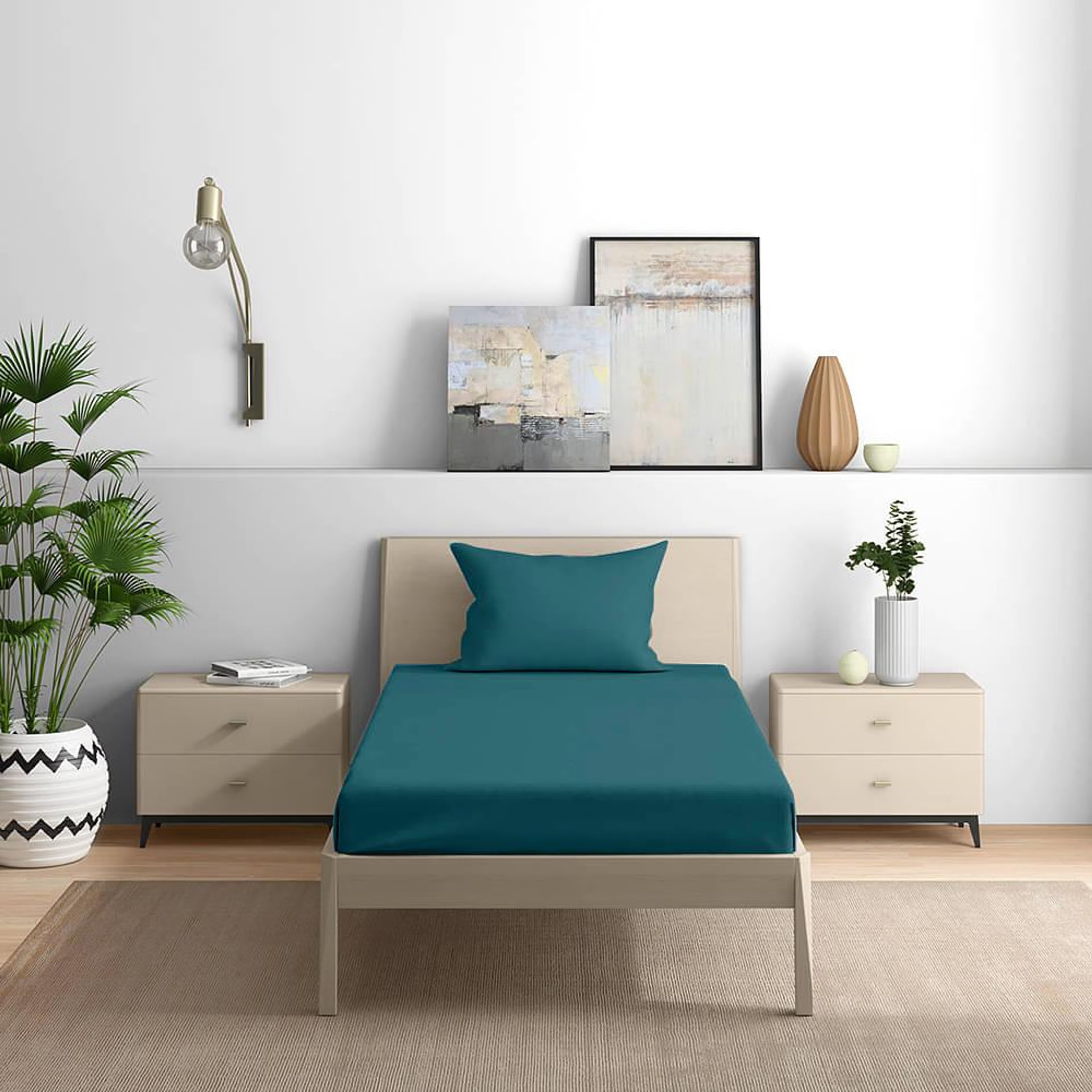 Wakefit 100% Cotton 200 TC Fitted Bedsheet With 1 Pillow Cover | Peacock Blue Single - 72" x 36 4 Wakefit 100% Cotton 200 TC Fitted Bedsheet With 1 Pillow Cover | Peacock Blue Single - 72" x 36\