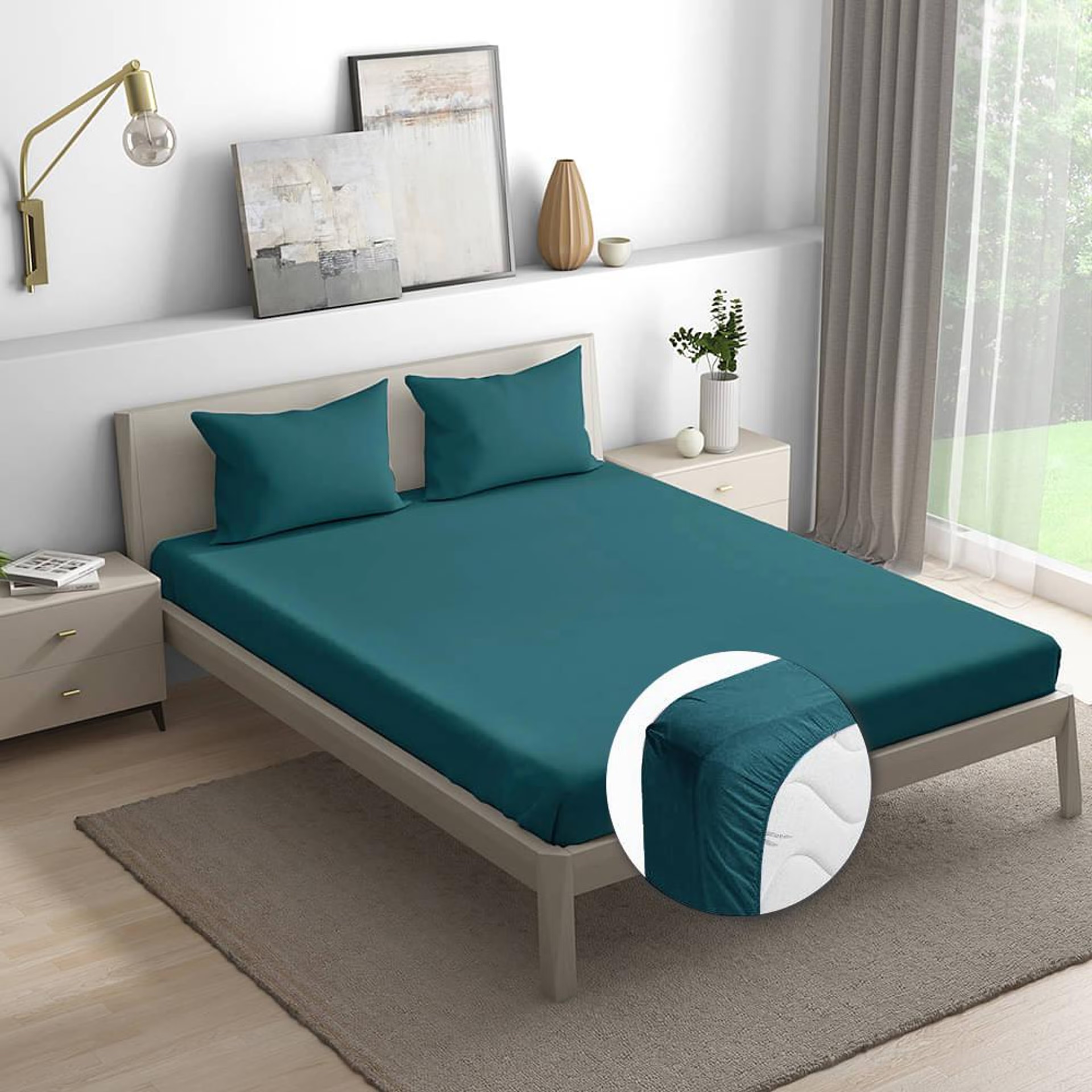 Wakefit 100% Cotton 200 TC Fitted Bedsheet With 2 Pillow Cover | Peacock Blue Queen - 78" x 60\
