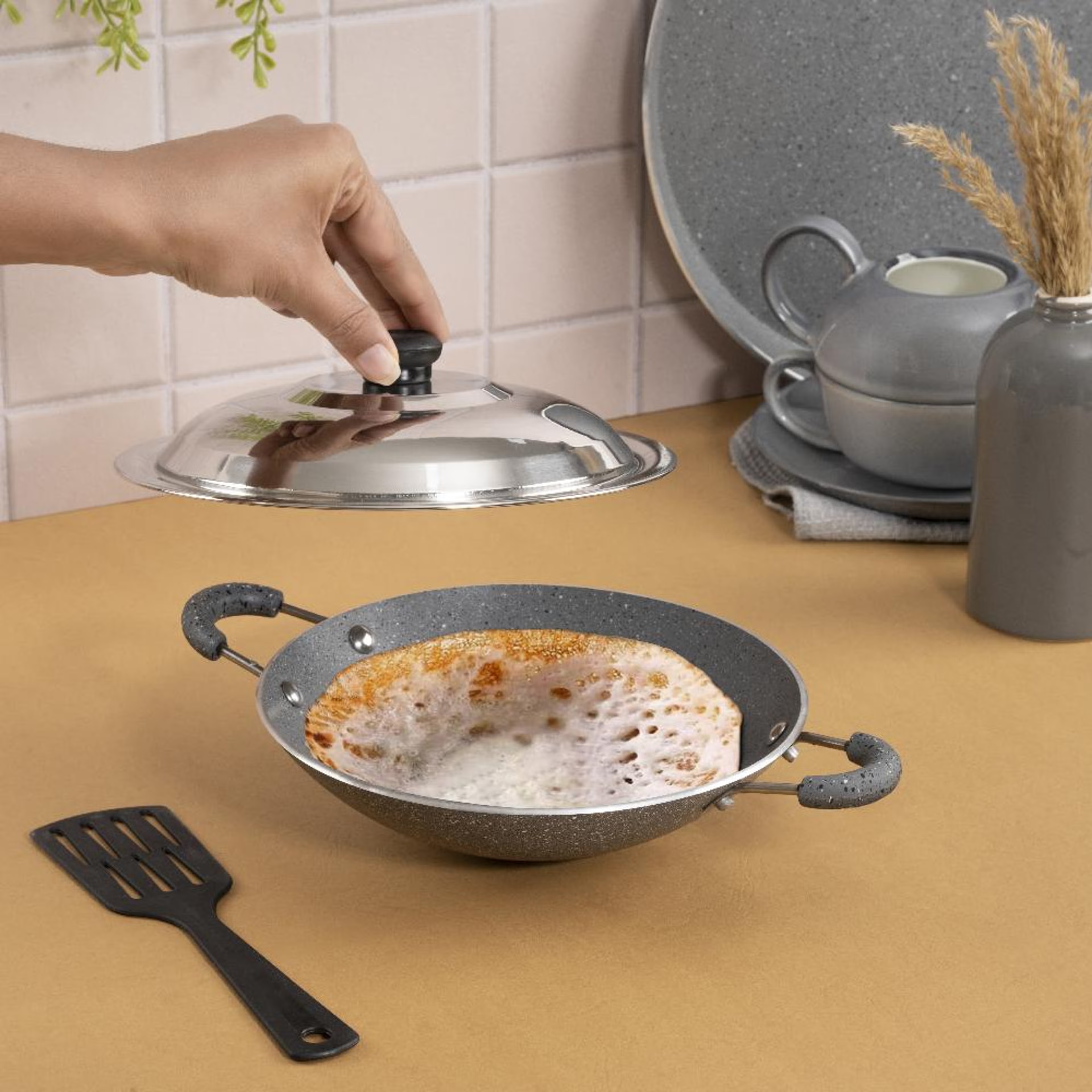 Home 45 Advanced 5 layer Non-Stick Appachetty with lid | 20 cm | 3 mm thick | PFOA & PTFE Free | Gas compatible | Highly durable & Metal Spoon Friendly | Free Spatula | Mahleb | Blue Pan, Aluminium, Induction Base, Appachetty Pan-8 inch