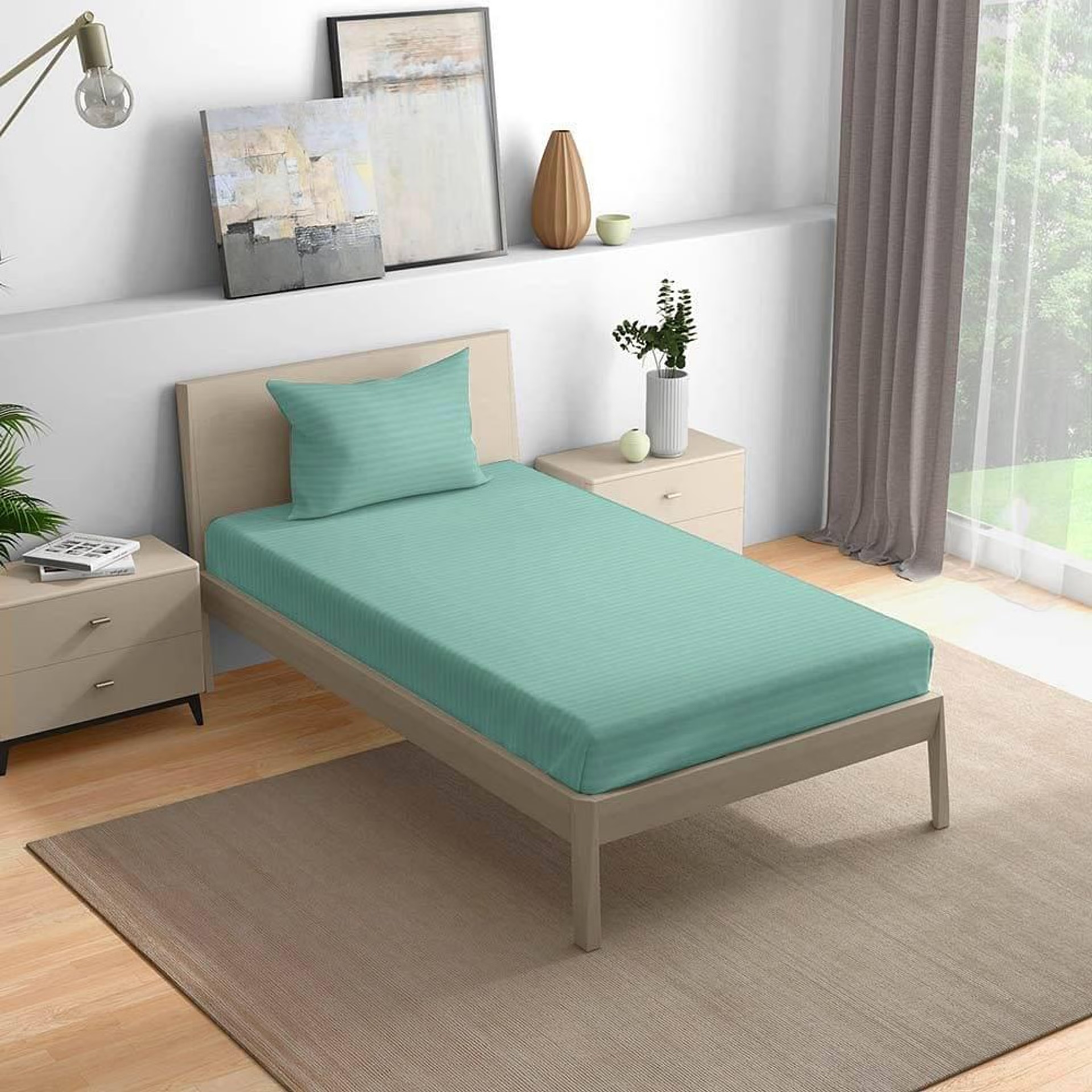 Wakefit 100% Cotton 215 TC Fitted Bedsheet With 1 Pillow Cover | Aquifer Single - 72" x 30\