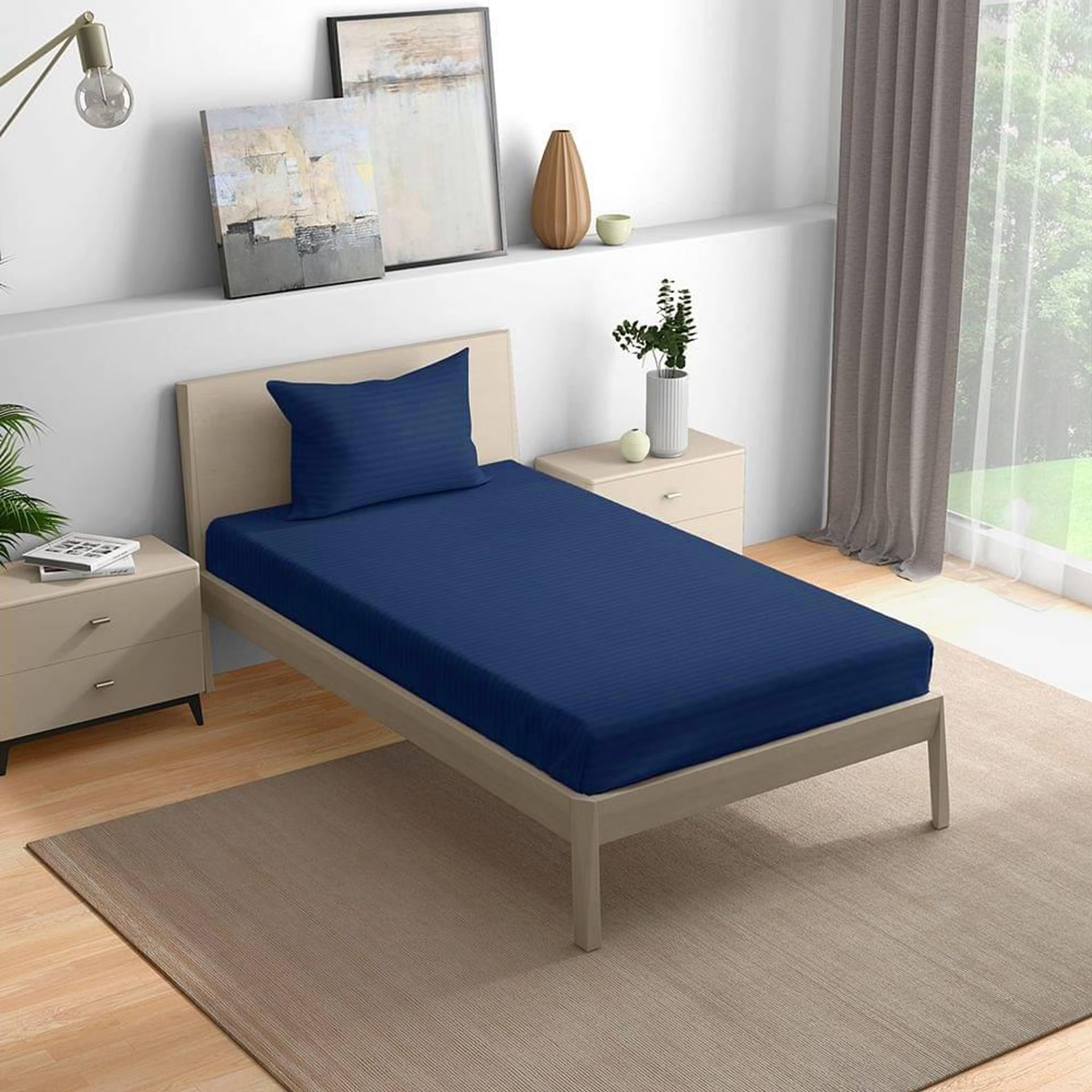 Wakefit 100% Cotton 215 TC Fitted Bedsheet With 1 Pillow Cover | Estate Blue Single - 72" x 36\