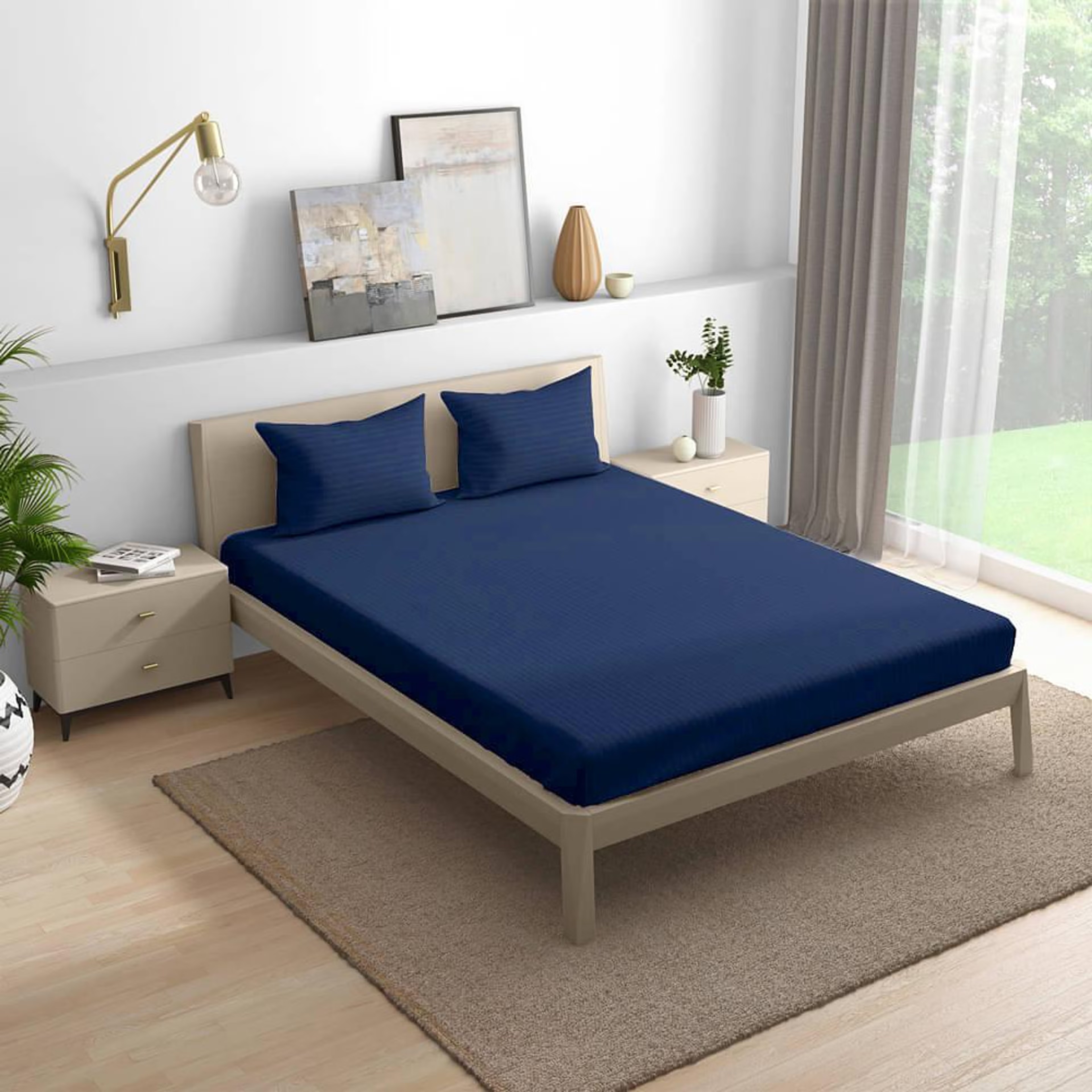 Wakefit 100% Cotton 215 TC Fitted Bedsheet With 2 Pillow Cover | Estate Blue Queen - 75" x 60\