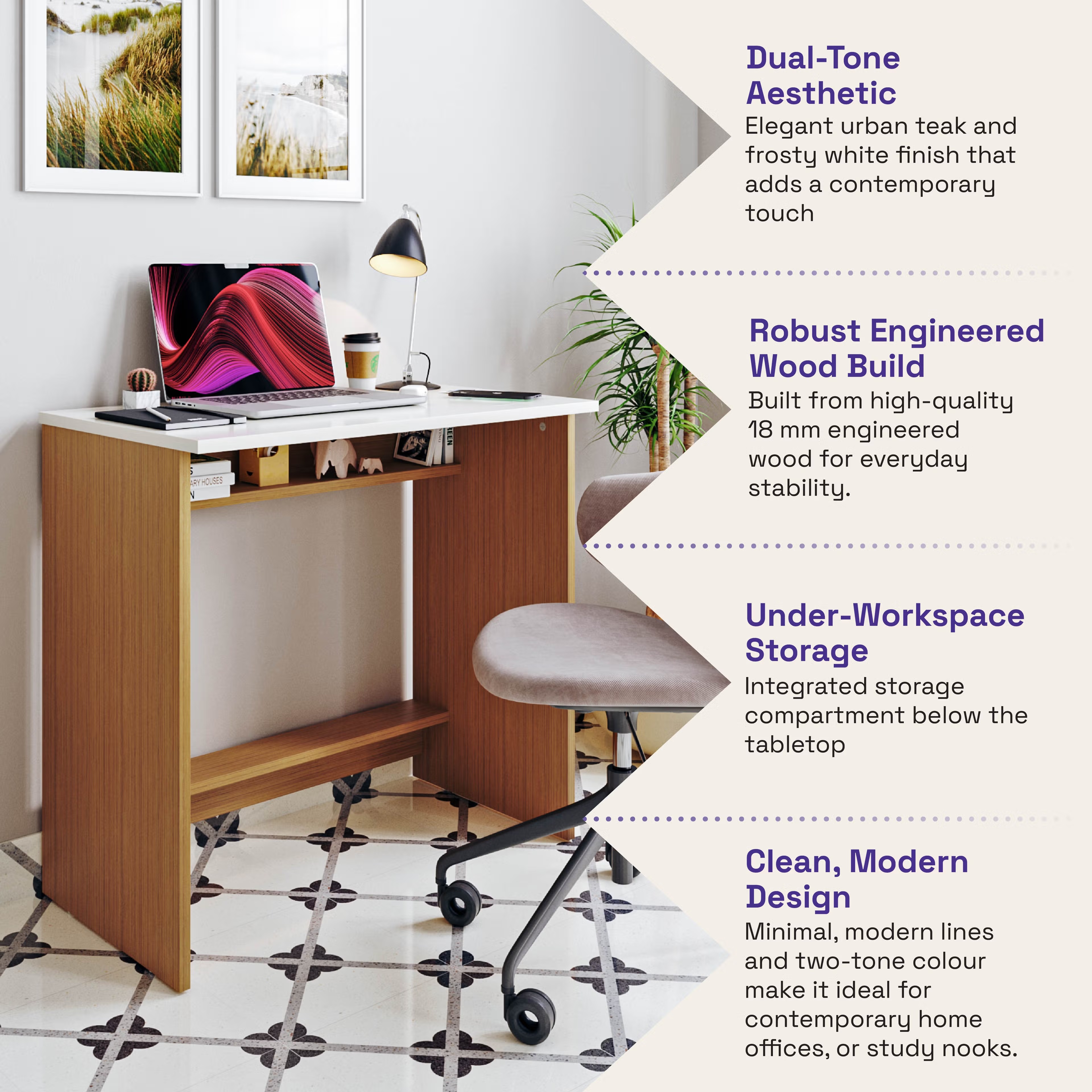 Wakefit Cabrera Study Table - Urban Teak and White Urban Teak and White