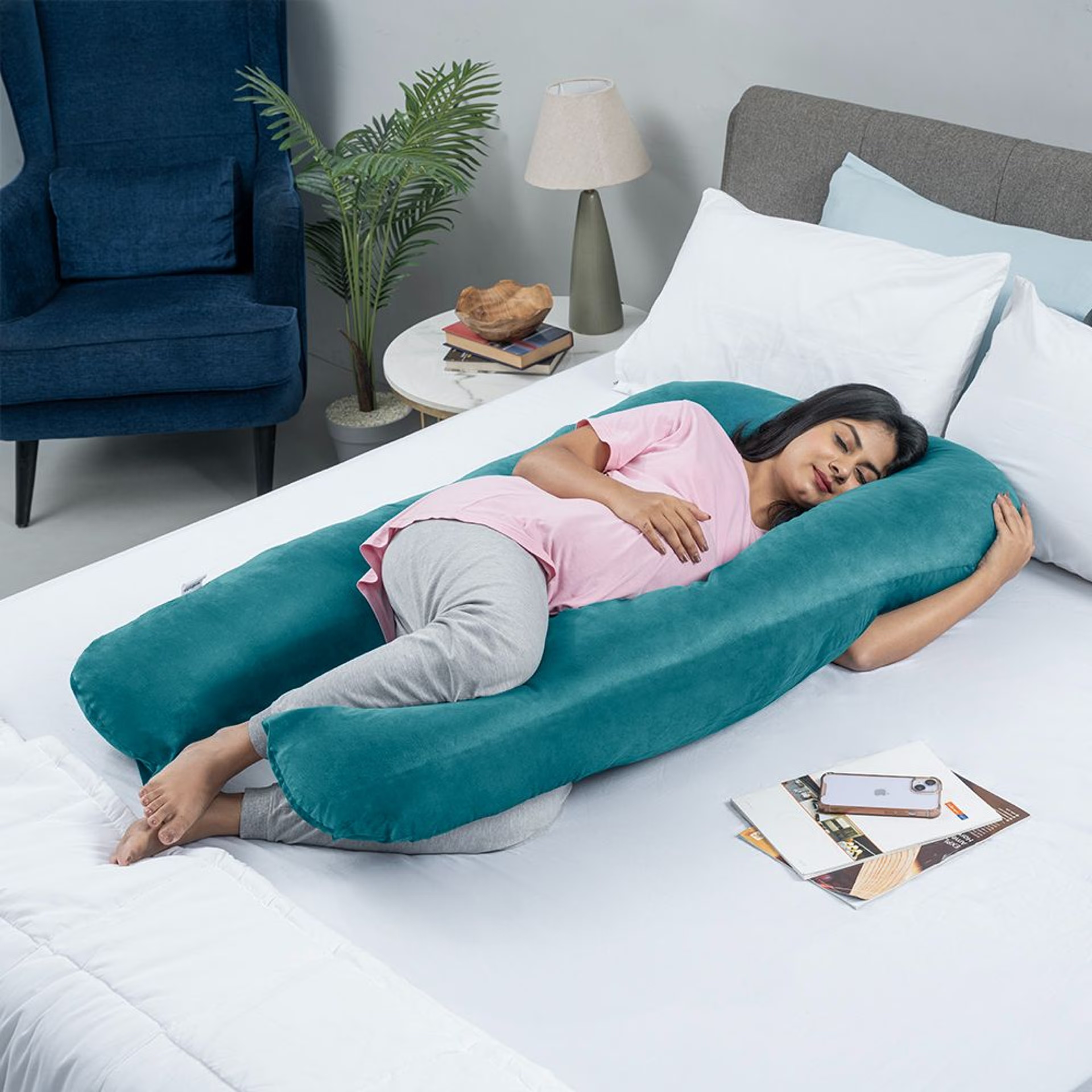 Home 37 Maternity Pillow for Pregnancy Support | U Shape | Super Soft & Machine Washable Velvet Cover | Peacock Green U Shape, Velvet, Peacock Green