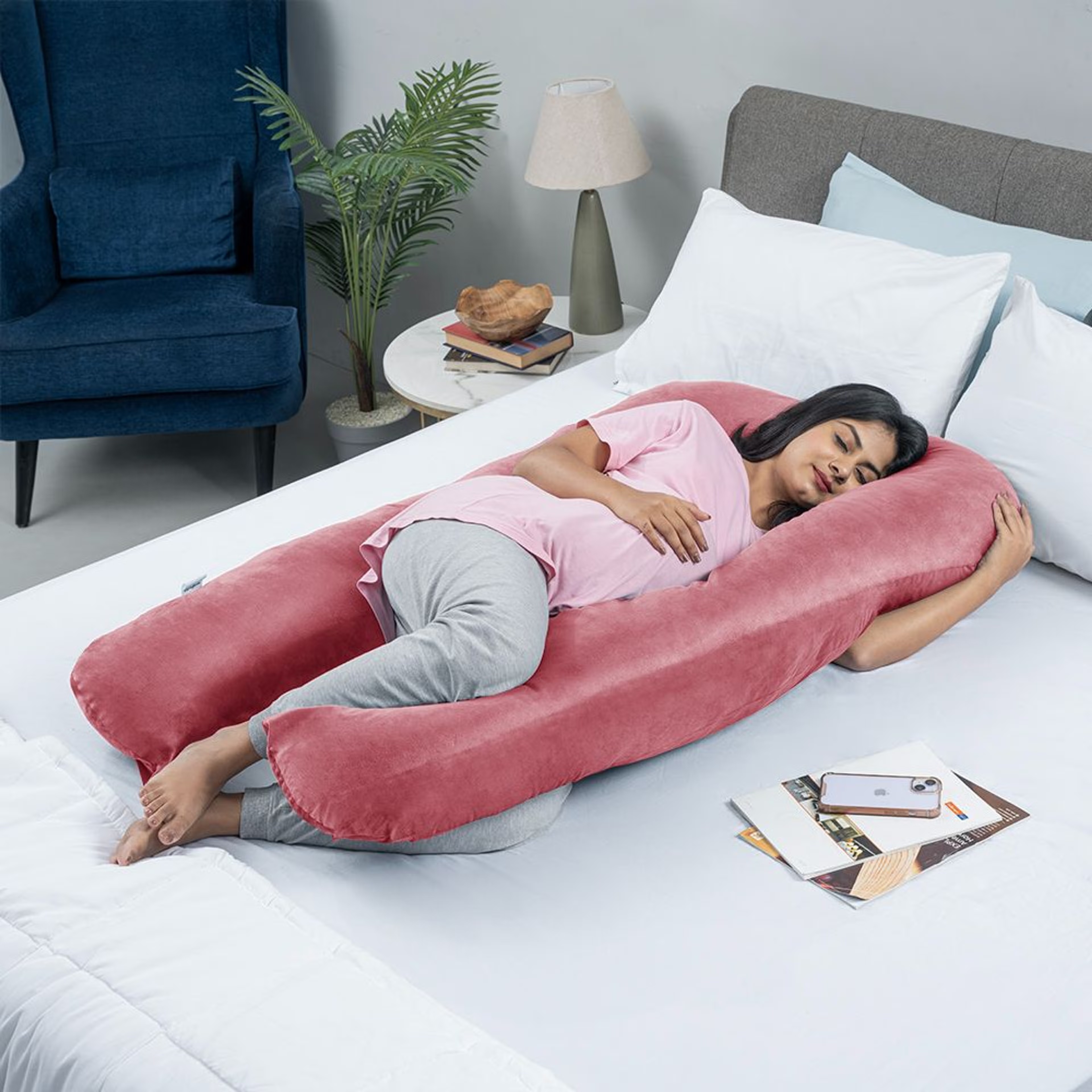 Maternity Pillow for Pregnancy Support | U Shape | Super Soft & Machine Washable Velvet Cover | Pink U Shape, Velvet, Pink