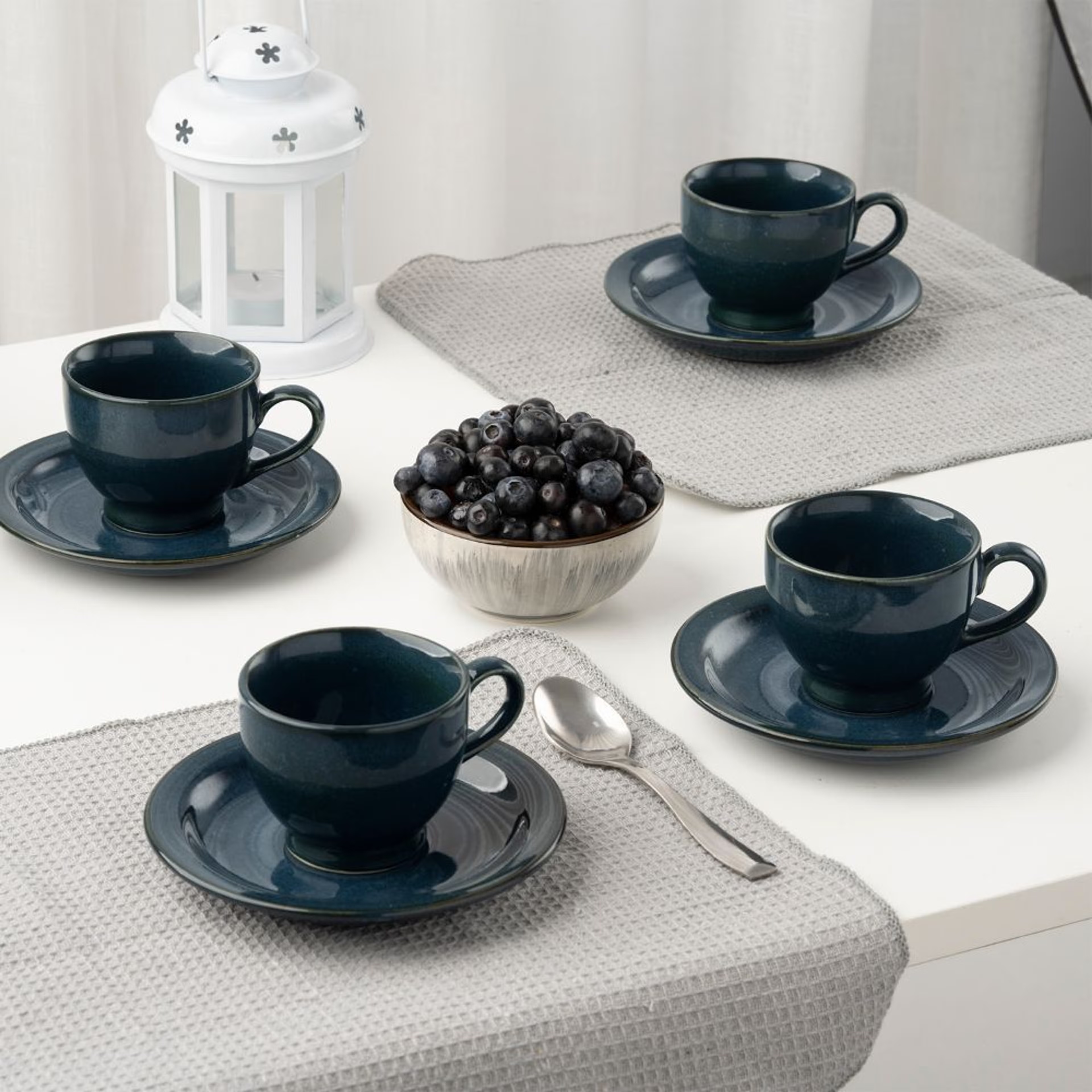 Premium Tea Cup & Saucer | Set of 4 | 150 ml | Eco-Friendly Stoneware Ceramic | Toxin Free | BPA and Lead Free | Microwave & Dishwasher Safe | Ideal for Gifting | Blue | Mykonos Stoneware, Set of 4, Blue