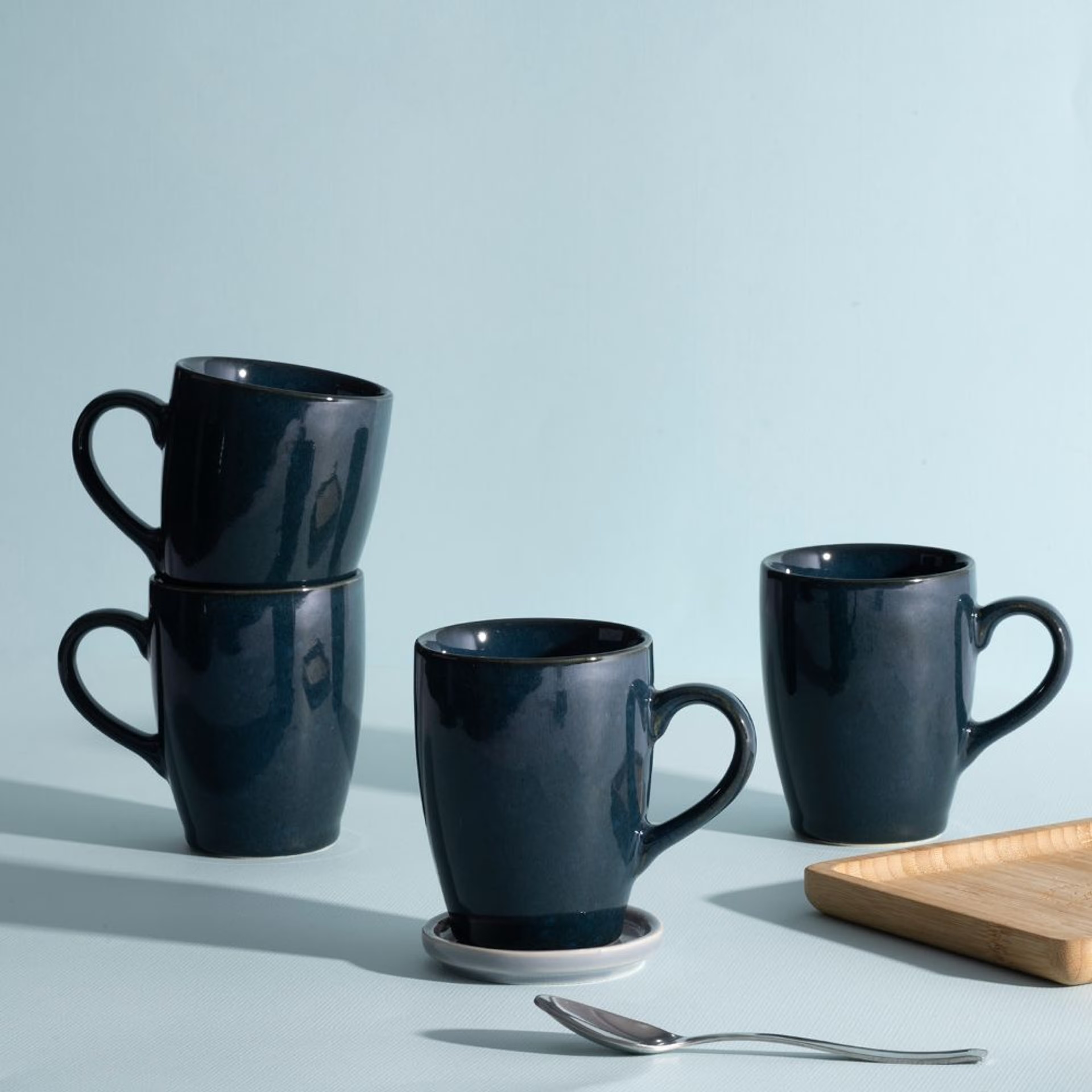 Premium Coffee Mugs | Set of 4 | 300 ml | Eco-Friendly Stoneware Ceramic | Toxin Free | BPA and Lead free | Perfect for gifting | Microwave & Dishwasher Safe | Brown | Mykonos Stoneware, Set of 4, Mug, Blue