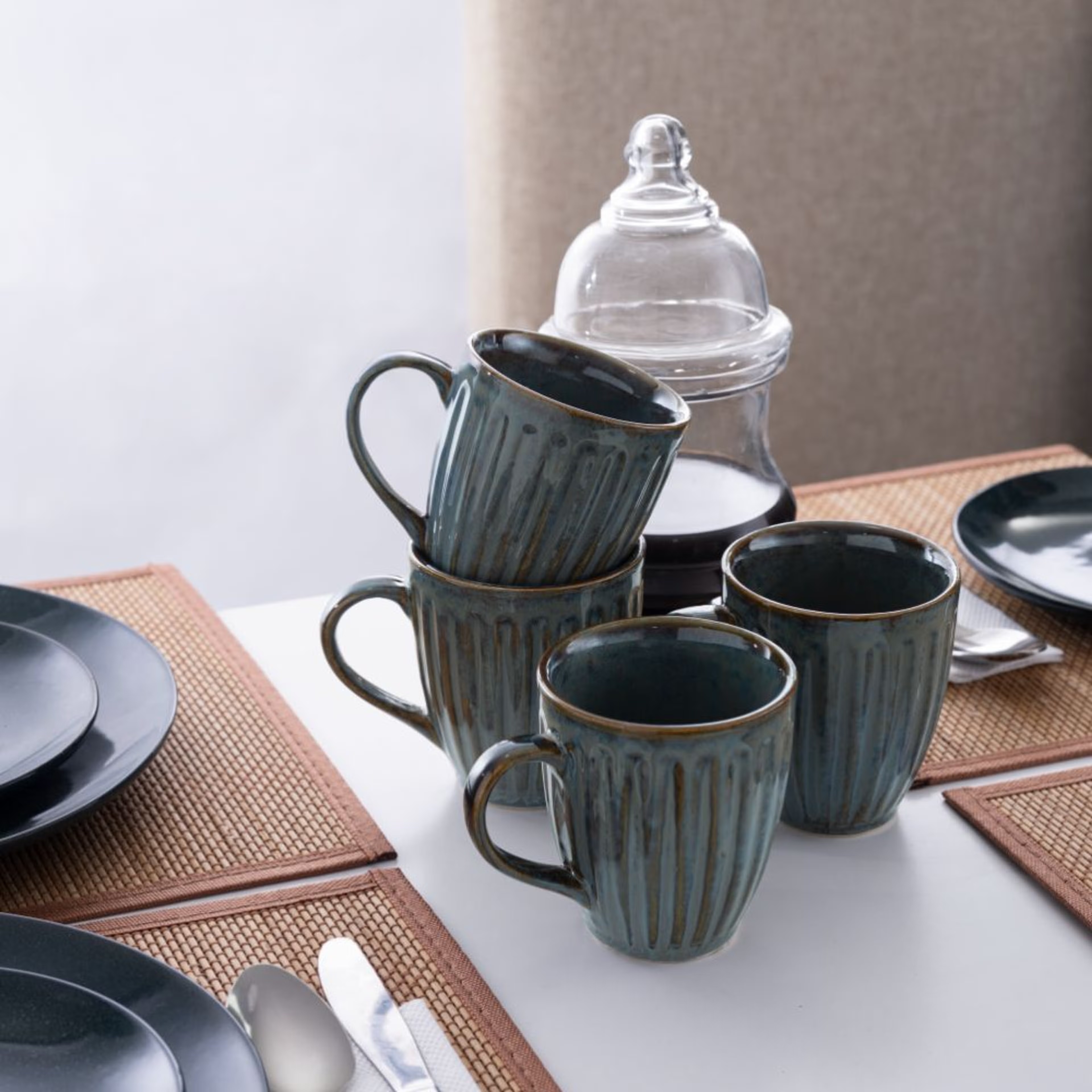 Home 42 Premium Coffee Mugs | Set of 4 | 300 ml | Eco-Friendly Stoneware Ceramic | Toxin Free | BPA and Lead free | Perfect for gifting | Microwave & Dishwasher Safe | Blue | Backwaters Stoneware, Set of 4, Mug, Blue