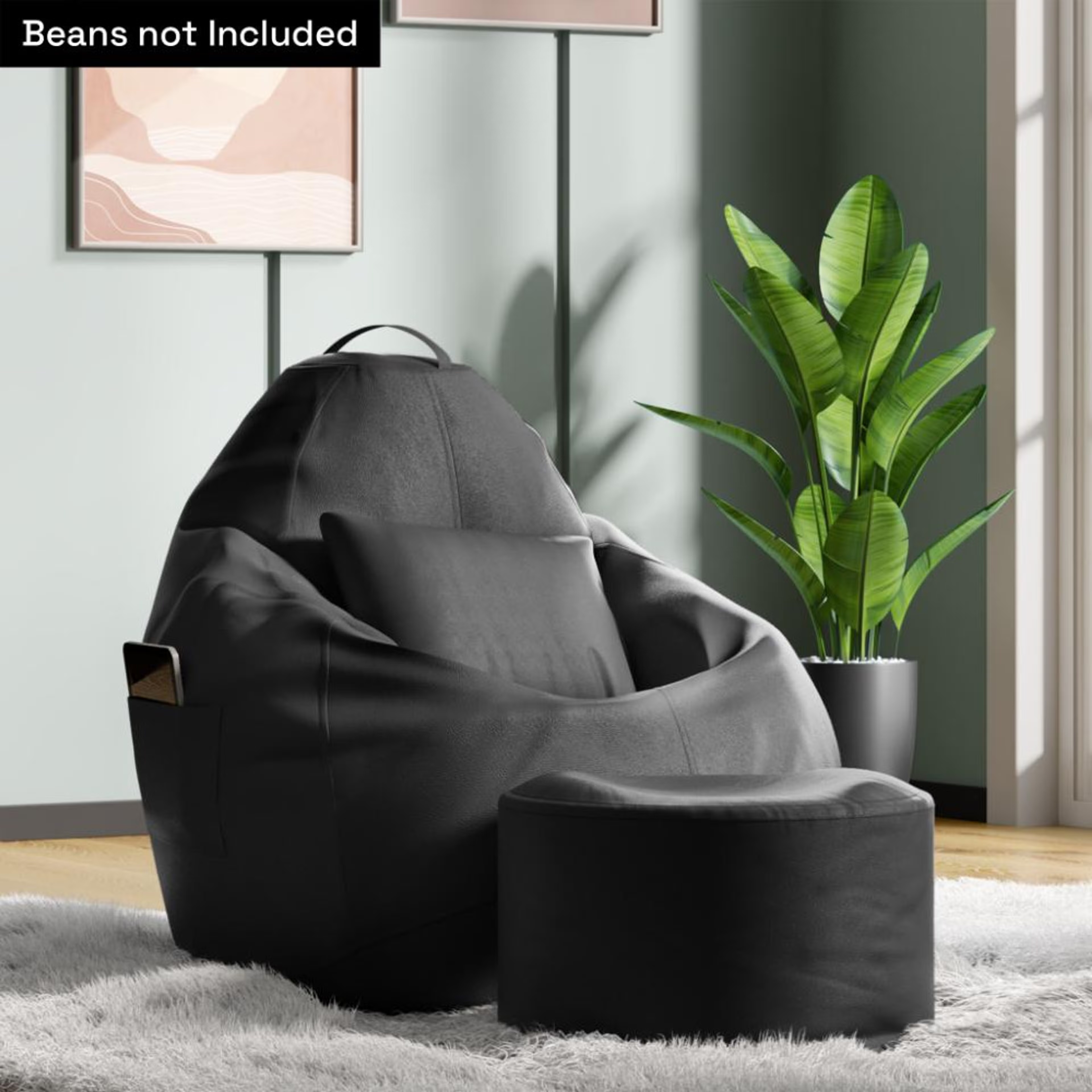 4XL Bean Bag Cover With Footrest & Cushion All Without Beans | Original Leatherette | Black | Bean Bag Chair | Cozy & Ideal for Any Space Original, 4XL, Without Beans, With footrest, With cushion, Leatherette Black