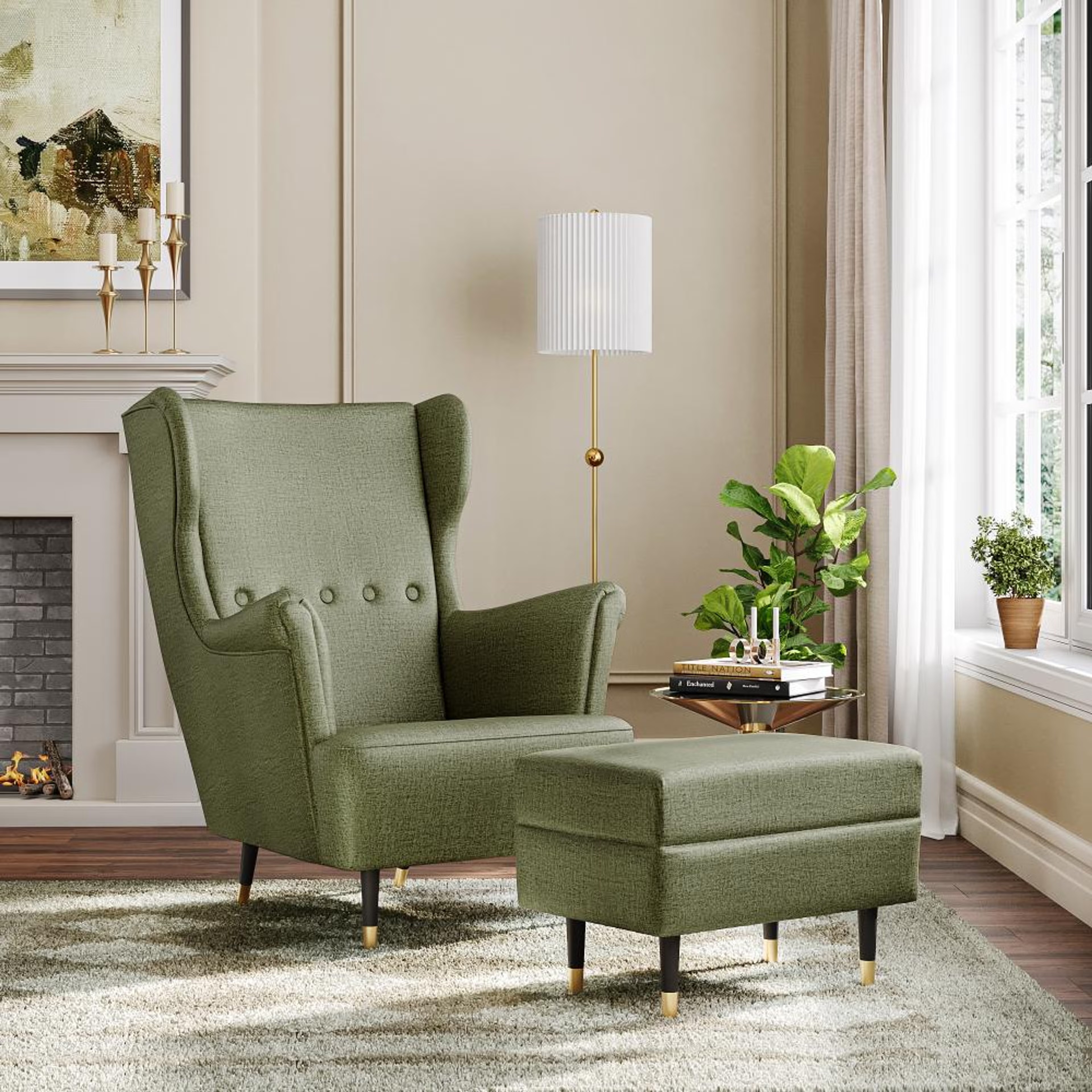 Wakefit Nicco Wing Chair + Ottoman - Reflection Green with ottoman, Green