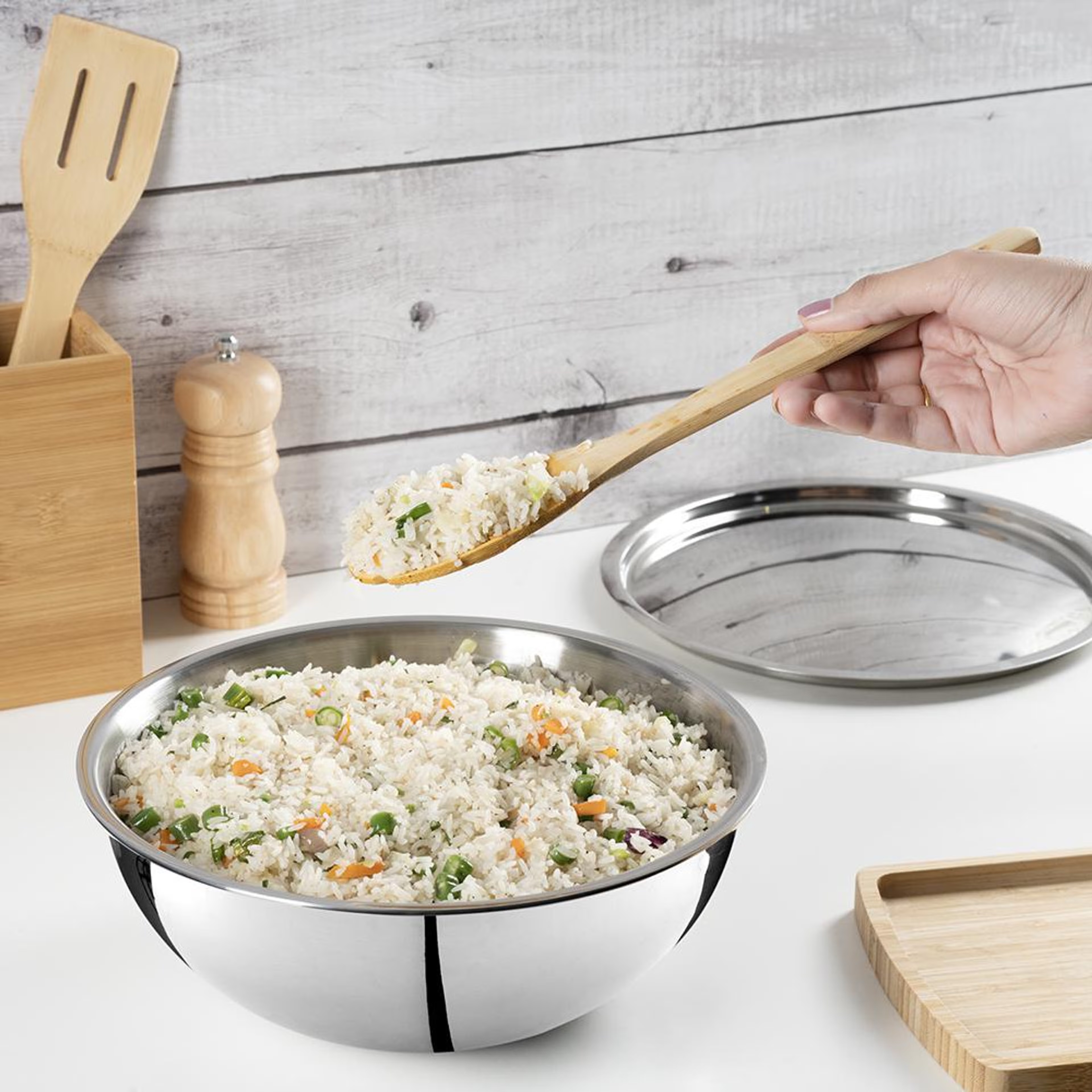 Home 42 Triply Stainless Steel Extra Deep Tasla With Lid | 24 cm| Induction & Gas Friendly Kadai, Triply Steel, Non Induction Base, Tasra-9.5 inch