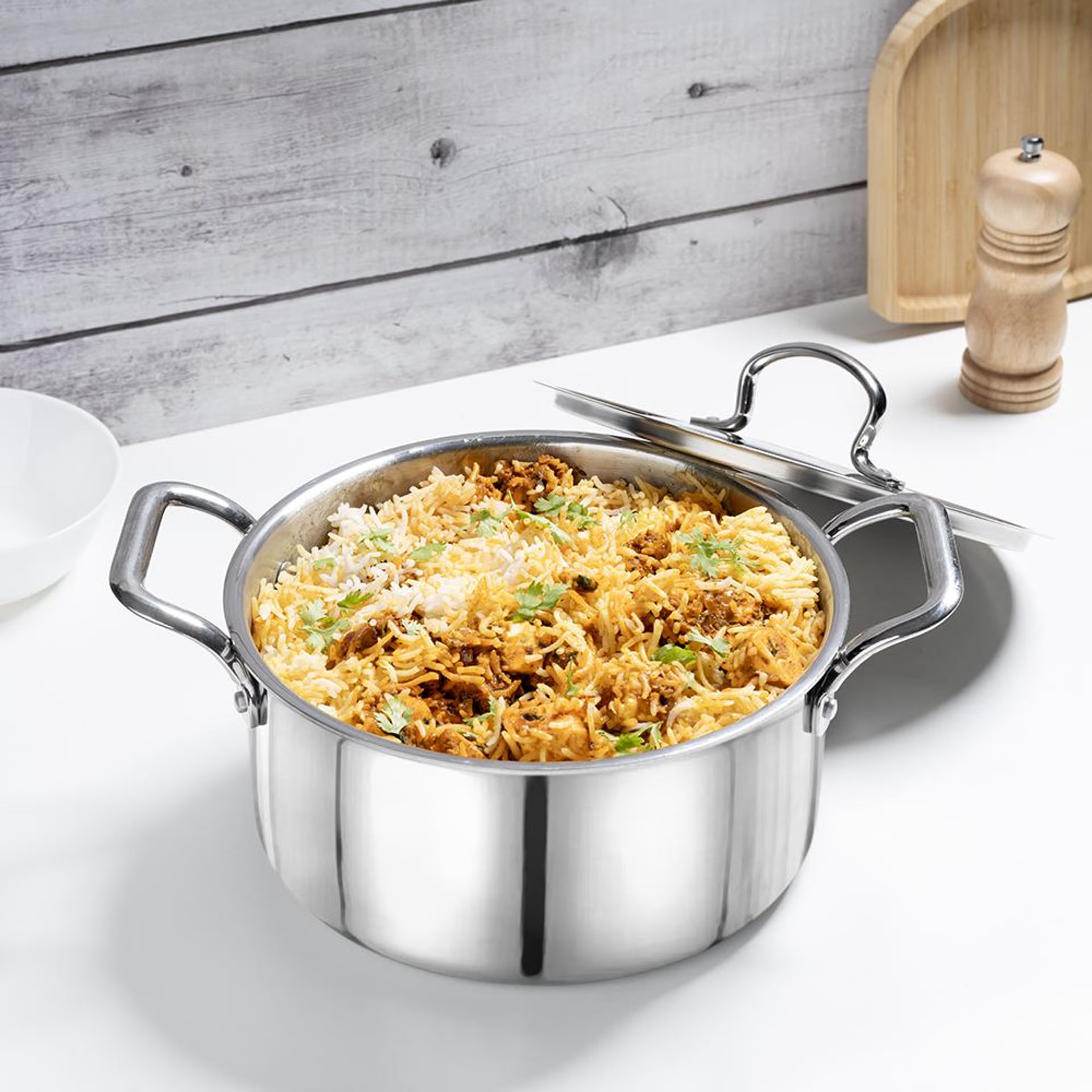 Triply Stainless Steel Cook and Serve Casserole, Biryani Pot, Handi with Lid | 18 cm | 2.5 mm thick | Induction and Gas compatible | Scratch Resistant | Food Safe | 5 Years Warranty | Marinara Casserole with Lid, Stainless Steel, 18 cm, Silver