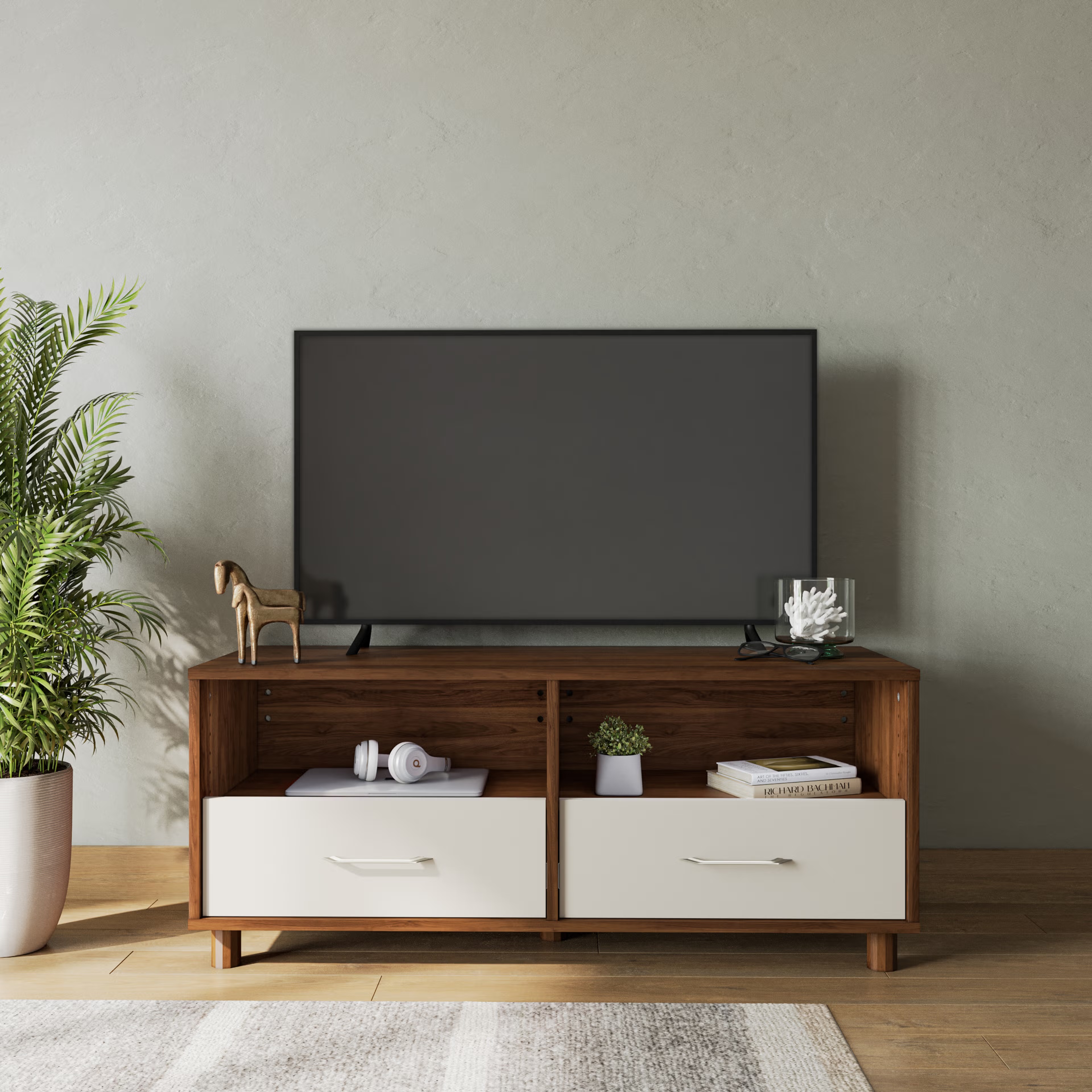 Wakefit Allie Engineering Wood 2 Module TV Unit bench, 2 Drawers, 2 Shelves, Without Shutter, Without Cabin, design 1, Without Tall Unit
