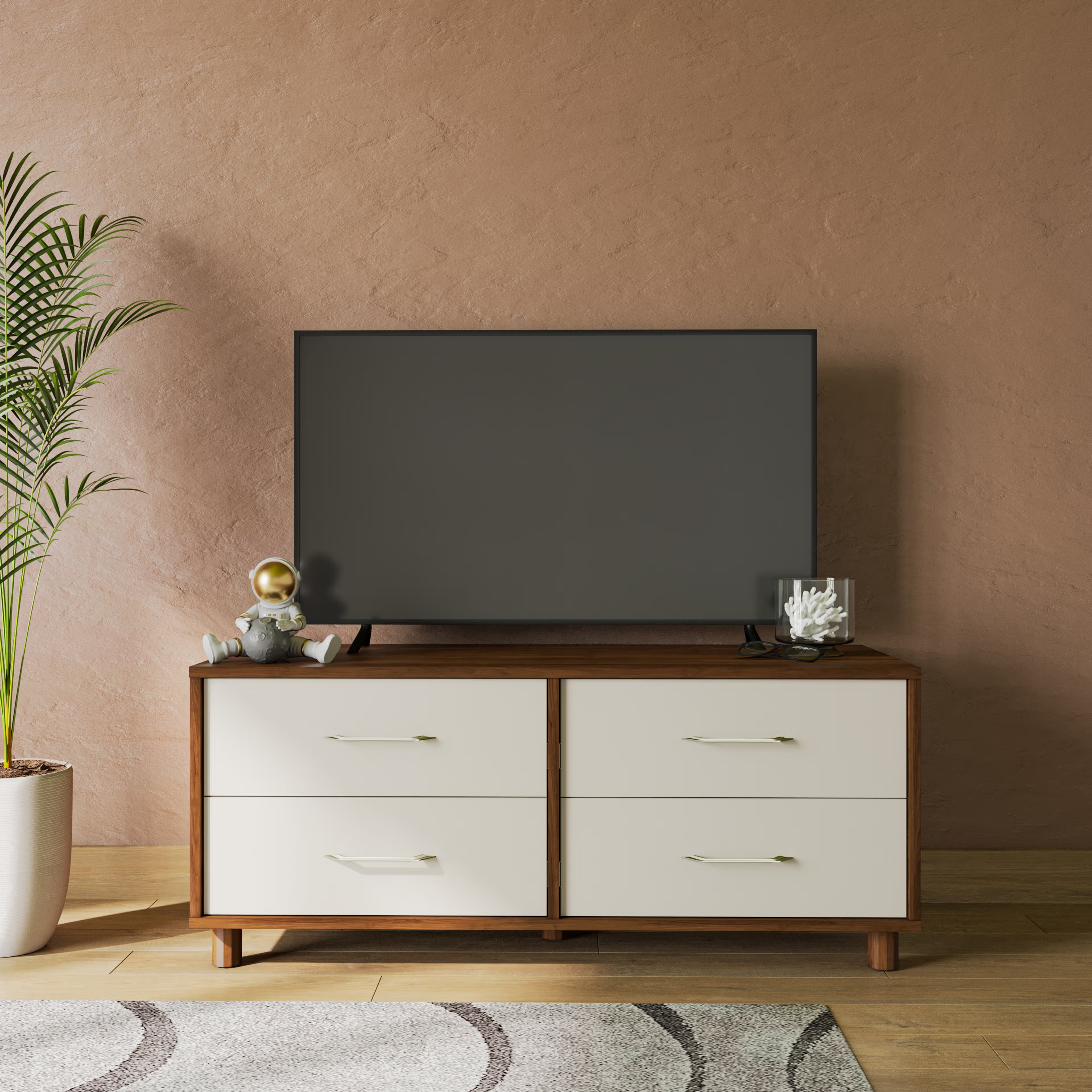 Wakefit Allie Engineering Wood 2 Module TV Unit bench, 4 Drawers, Without Shelves, Without Shutter, Without Cabin, design 1, Without Tall Unit
