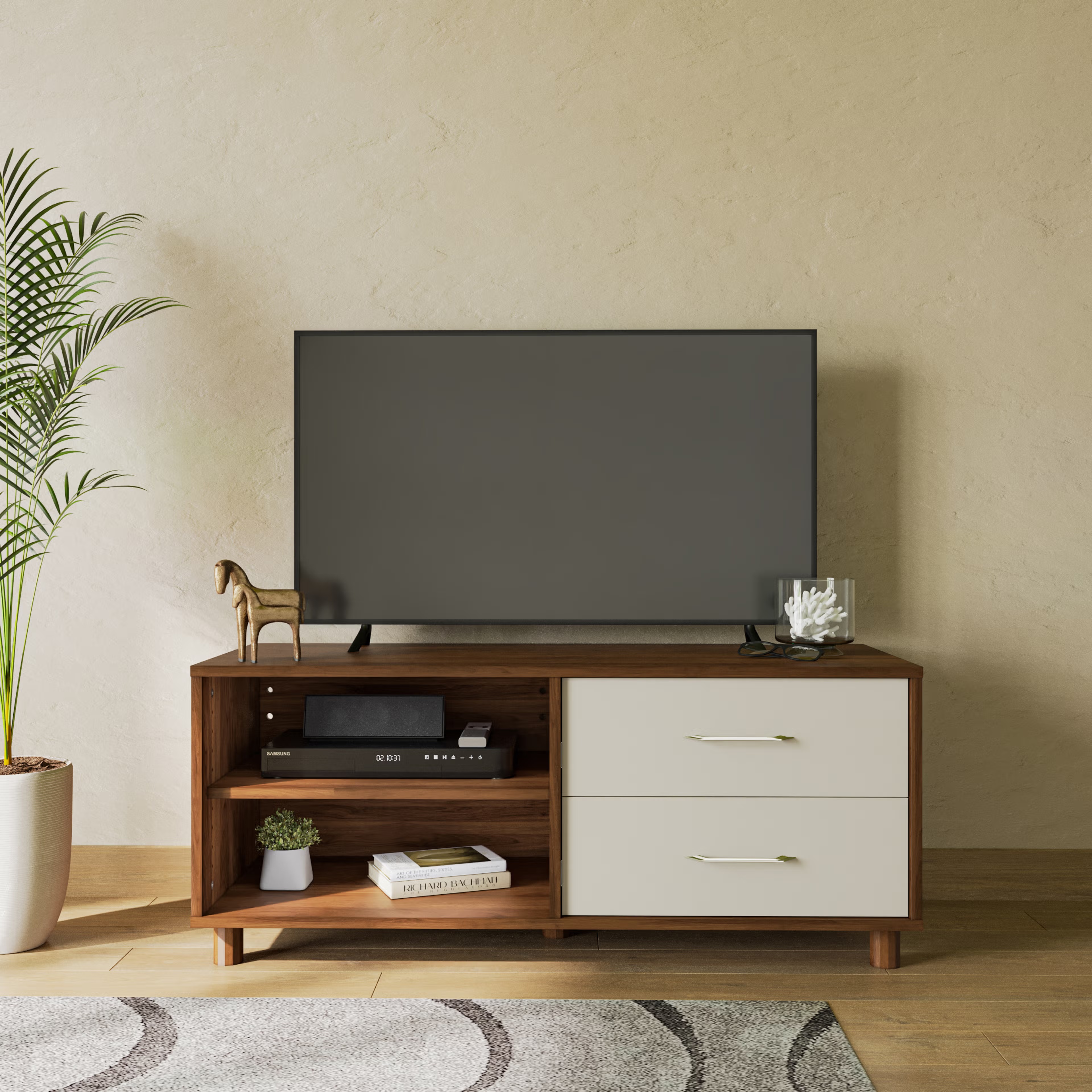 Wakefit Allie Engineering Wood 2 Module TV Unit bench, 2 Drawers, 1 Shelf, Without Shutter, Without Cabin, design 1, Without Tall Unit