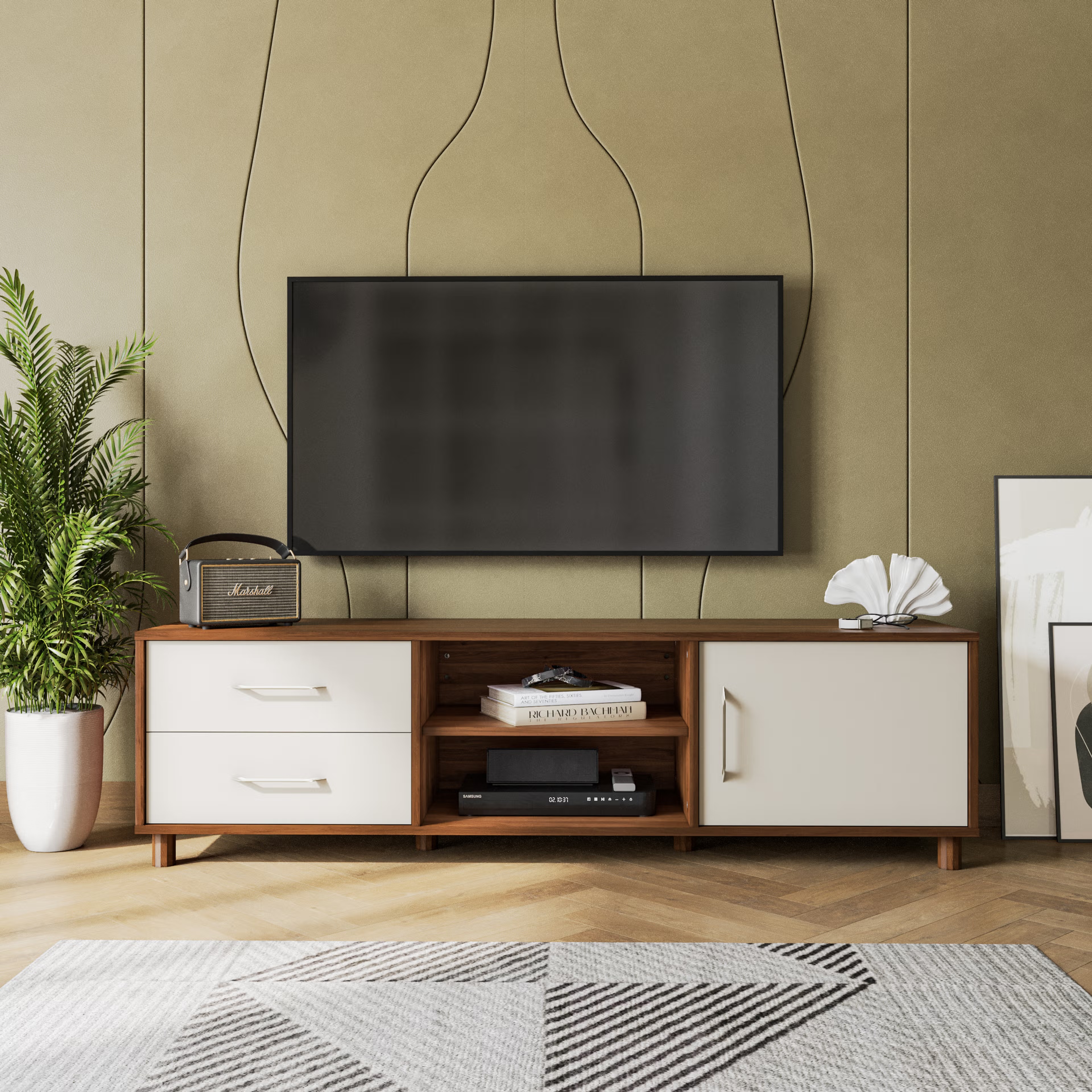 Wakefit Allie Engineering Wood 3 Module TV Unit bench, 2 Drawers, 2 Shelves, 1 Shutter, Without Cabin, design 1, Without Tall Unit