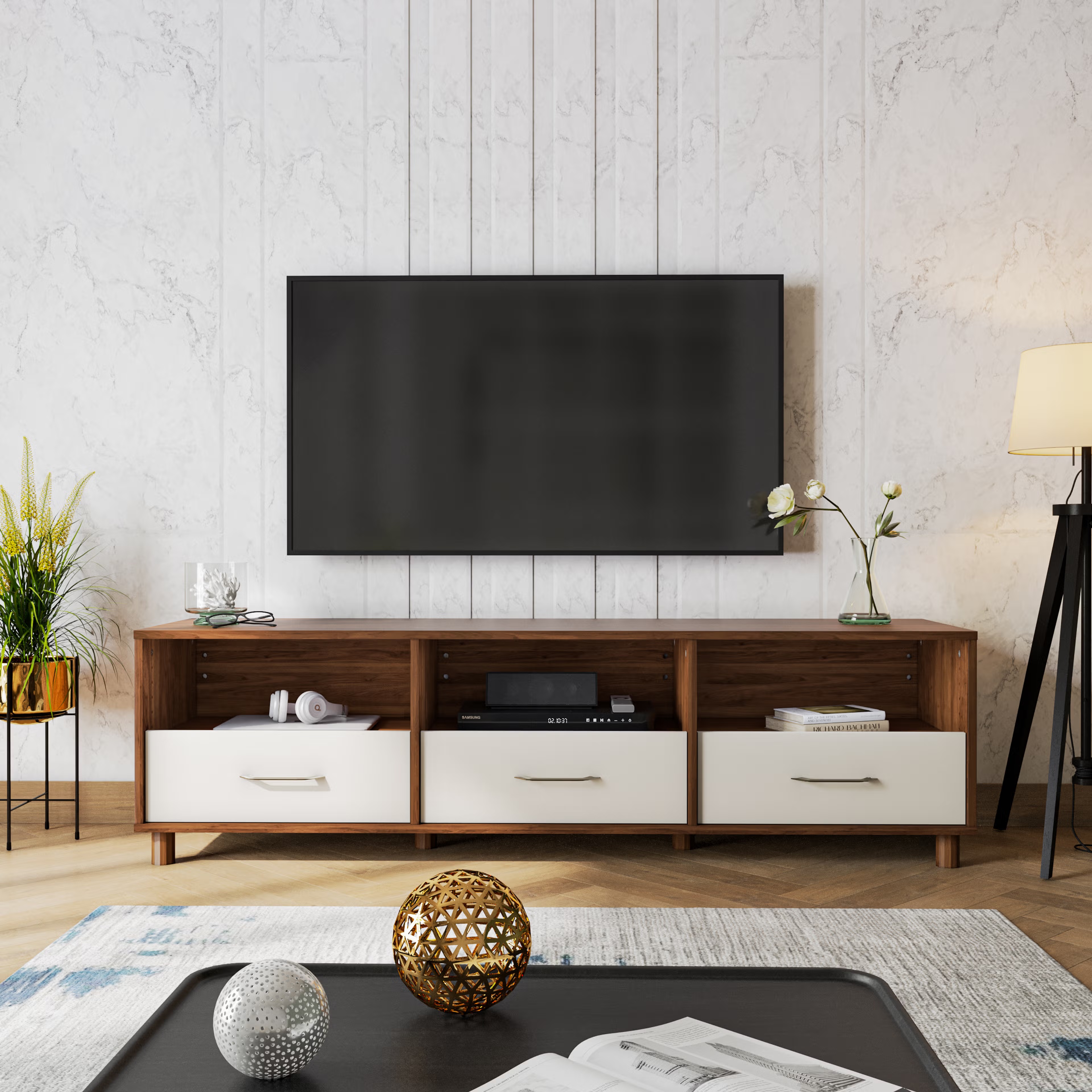 Wakefit Allie Engineering Wood 3 Module TV Unit bench, 3 Drawers, 3 Shelves, Without Shutter, Without Cabin, design 1, Without Tall Unit