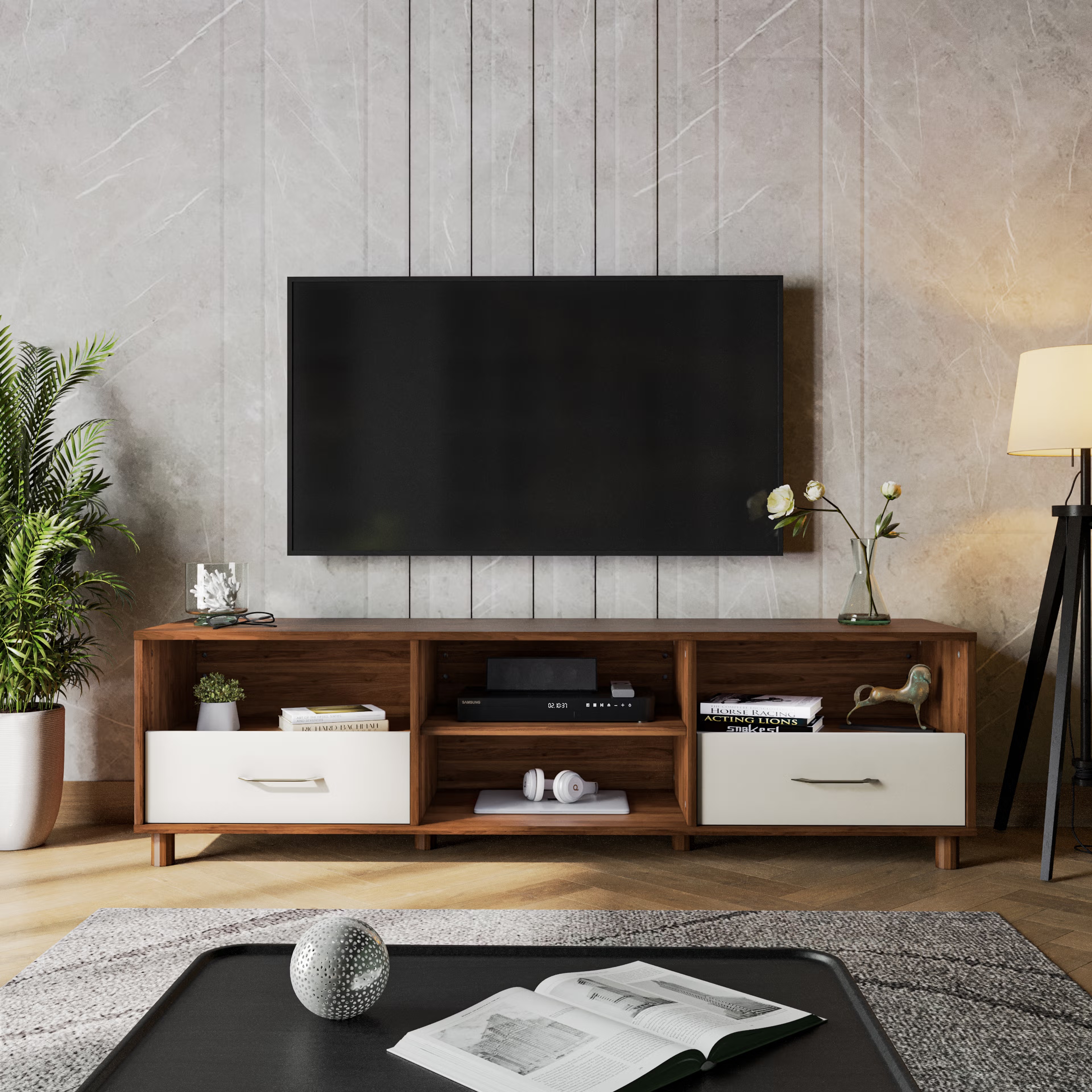 Wakefit Allie Engineering Wood 3 Module TV Unit bench, 2 Drawers, 3 Shelves, Without Shutter, Without Cabin, design 1, Without Tall Unit