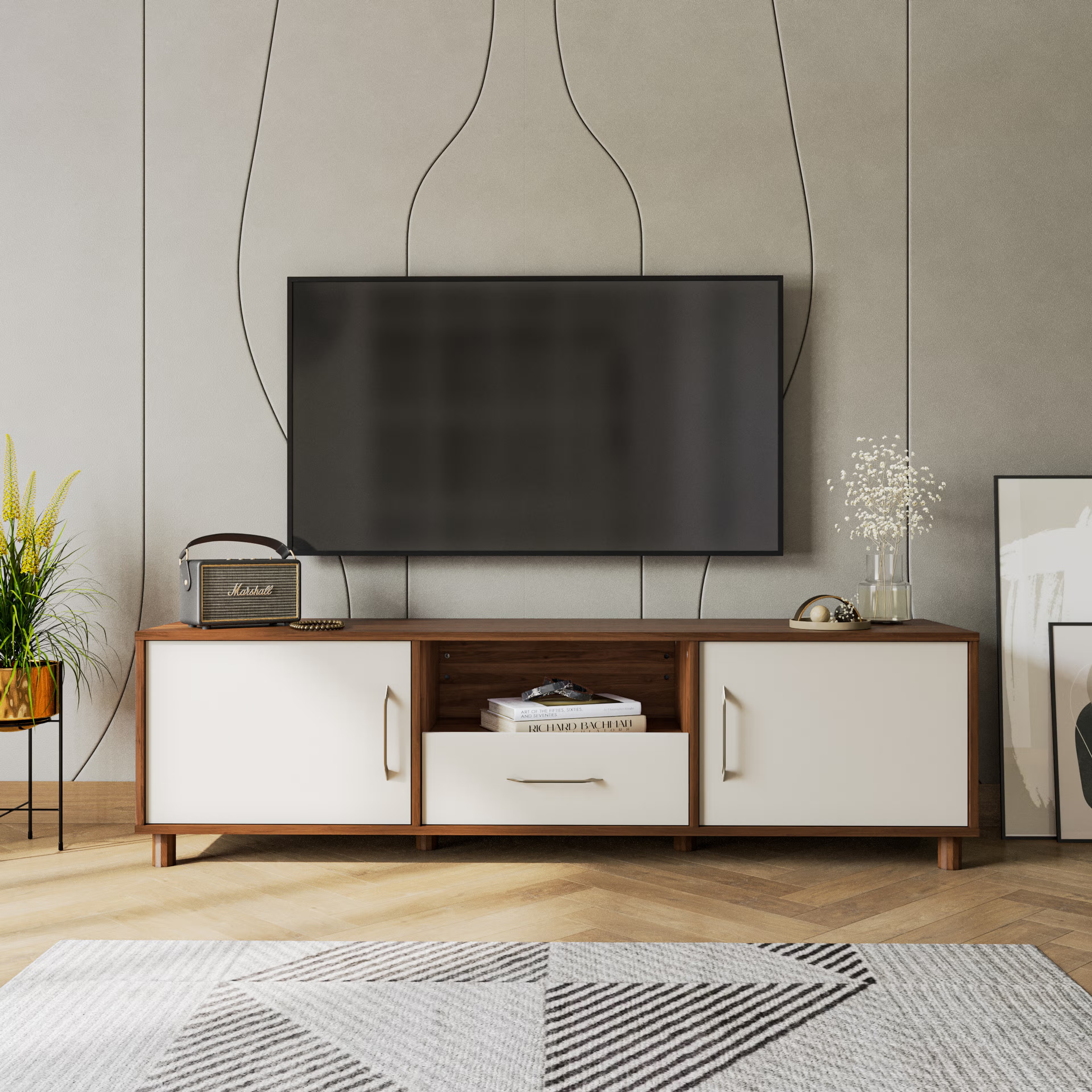 Wakefit Allie Engineering Wood 3 Module TV Unit bench, 1 Drawer, 3 Shelves, 2 Shutters, Without Cabin, design 2, Without Tall Unit