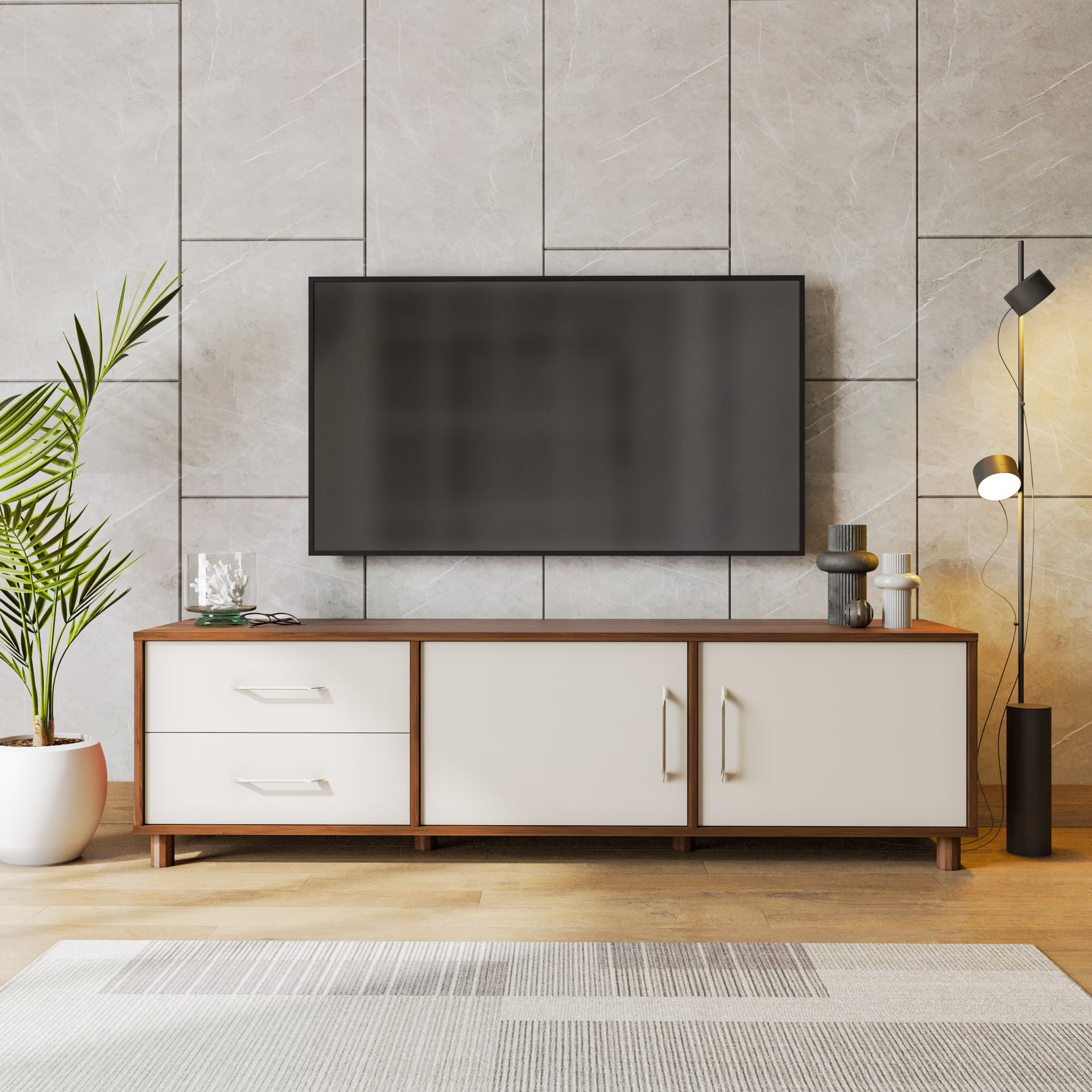 Wakefit Allie Engineering Wood 3 Module TV Unit bench, 2 Drawers, 2 Shelves, 2 Shutters, Without Cabin, design 1, Without Tall Unit