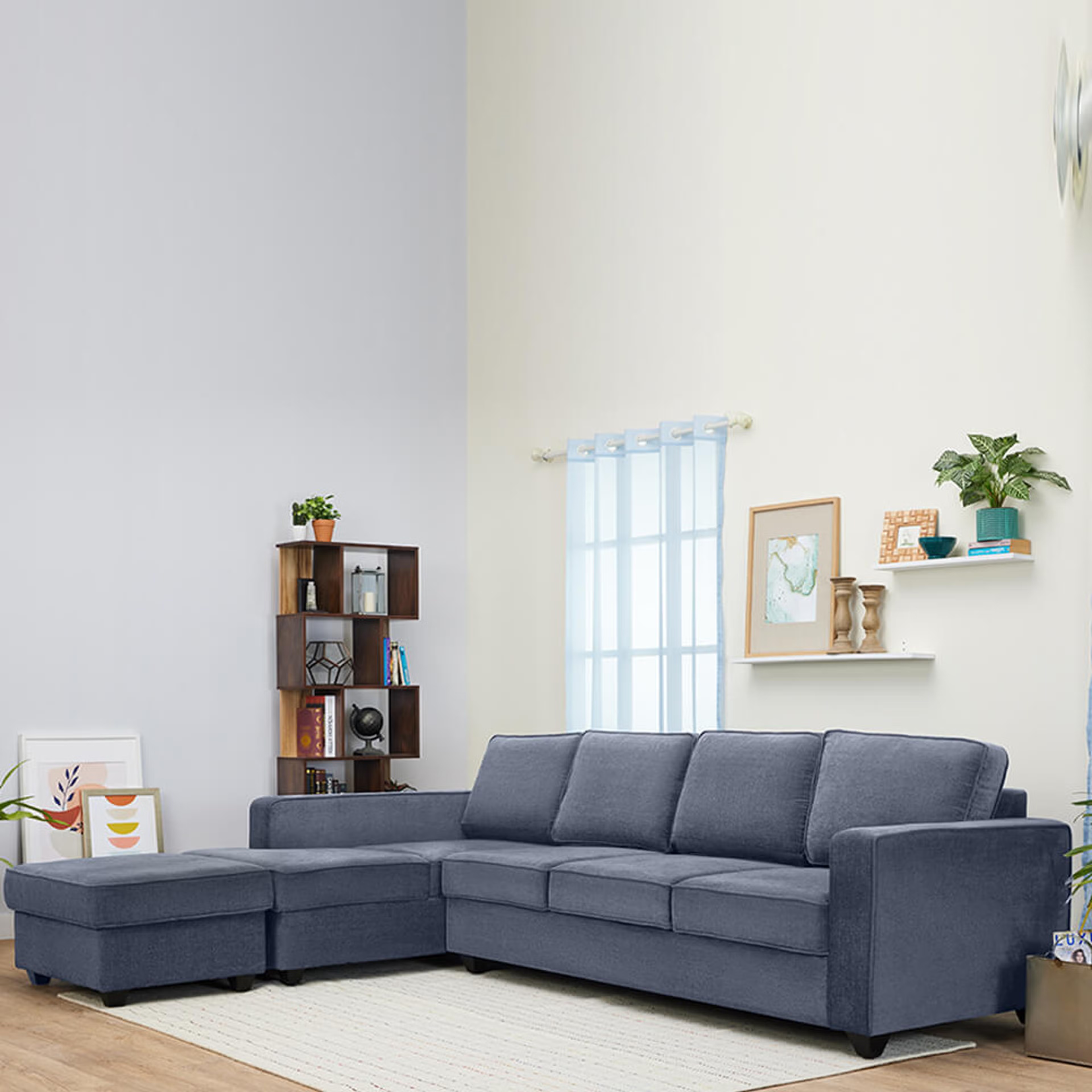 Home 37 Wakefit Napper L Shape Sofa Set (3 Seater + Left Aligned Chaise with Ottoman) Sectional, Without Storage, 3 + Left Aligned Chaise with Ottoman, Omega Blue
