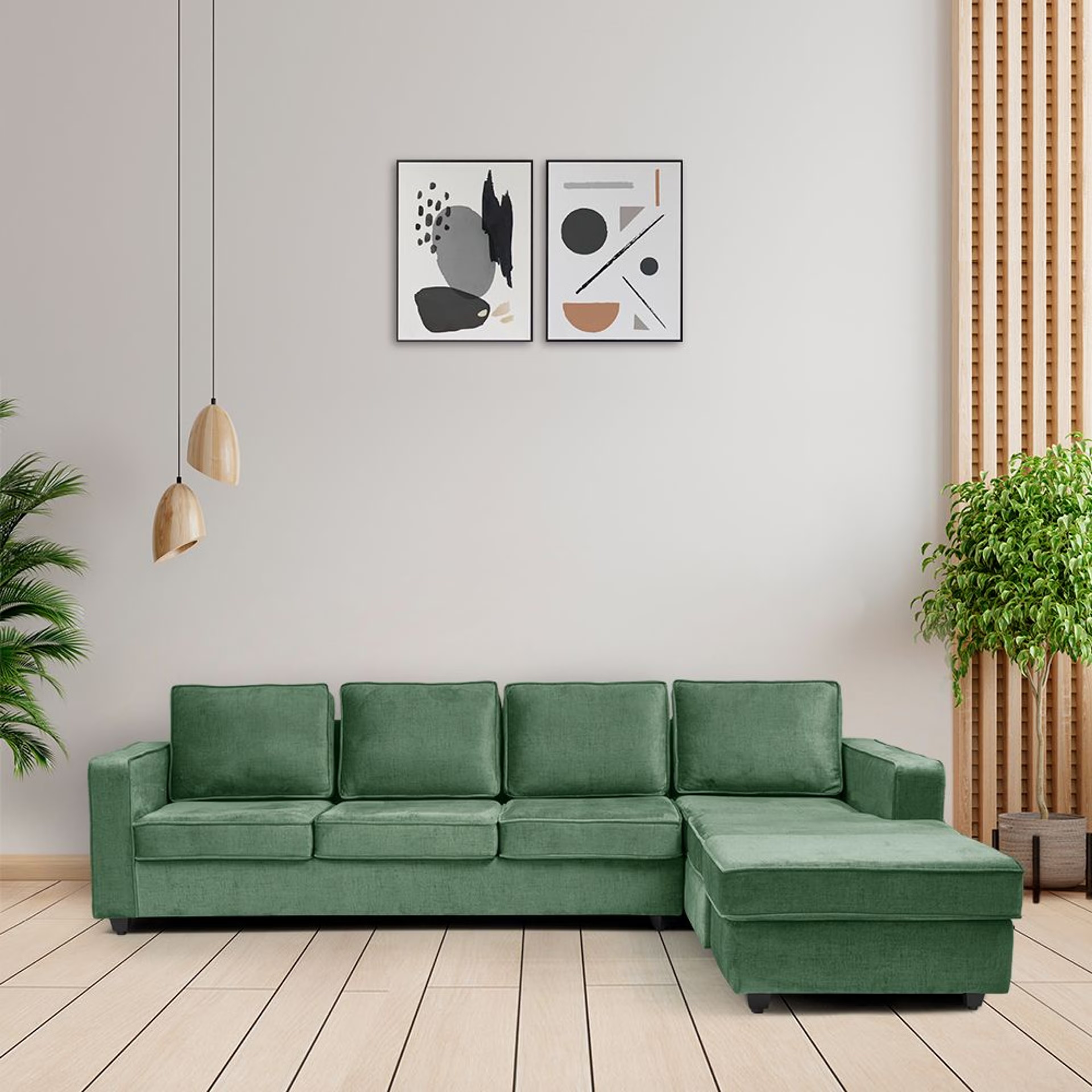 Wakefit Napper Plus L Shape Sofa Set (3 Seater + Right Aligned Chaise with Ottoman) Sectional, Set (3 Seater + Right Aligned Chaise with Ottoman), Green