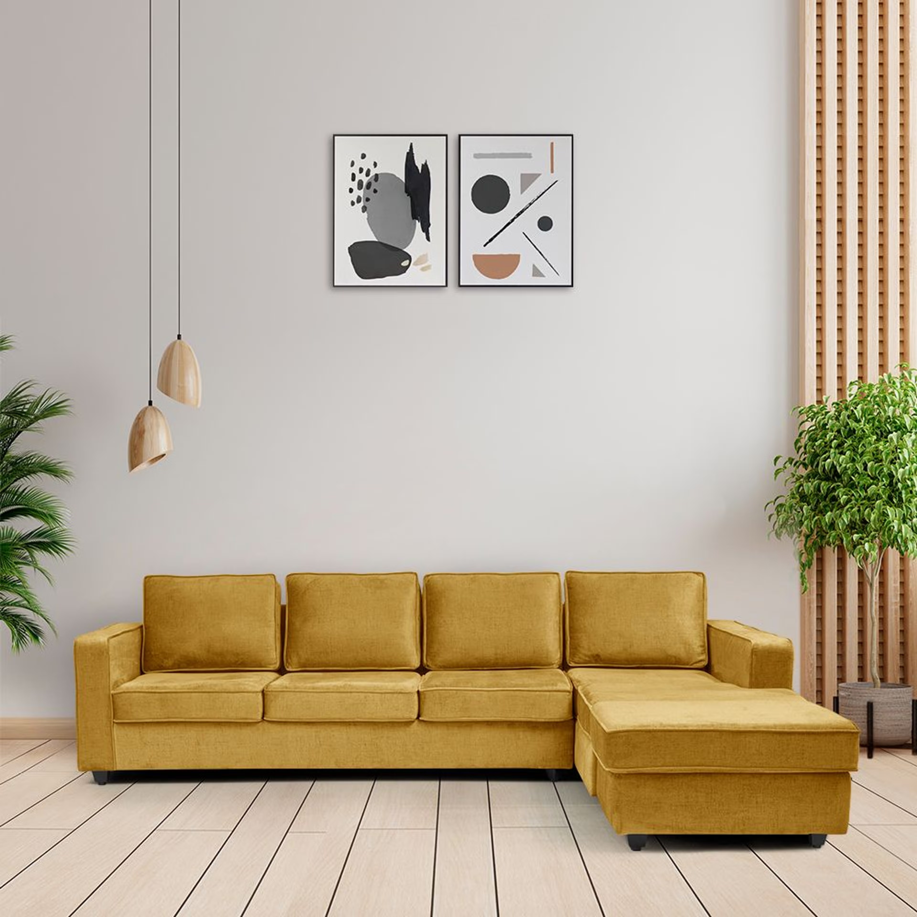 Wakefit Napper Plus L Shape Sofa Set (3 Seater + Right Aligned Chaise with Ottoman) Sectional, Set (3 Seater + Right Aligned Chaise with Ottoman), Yellow