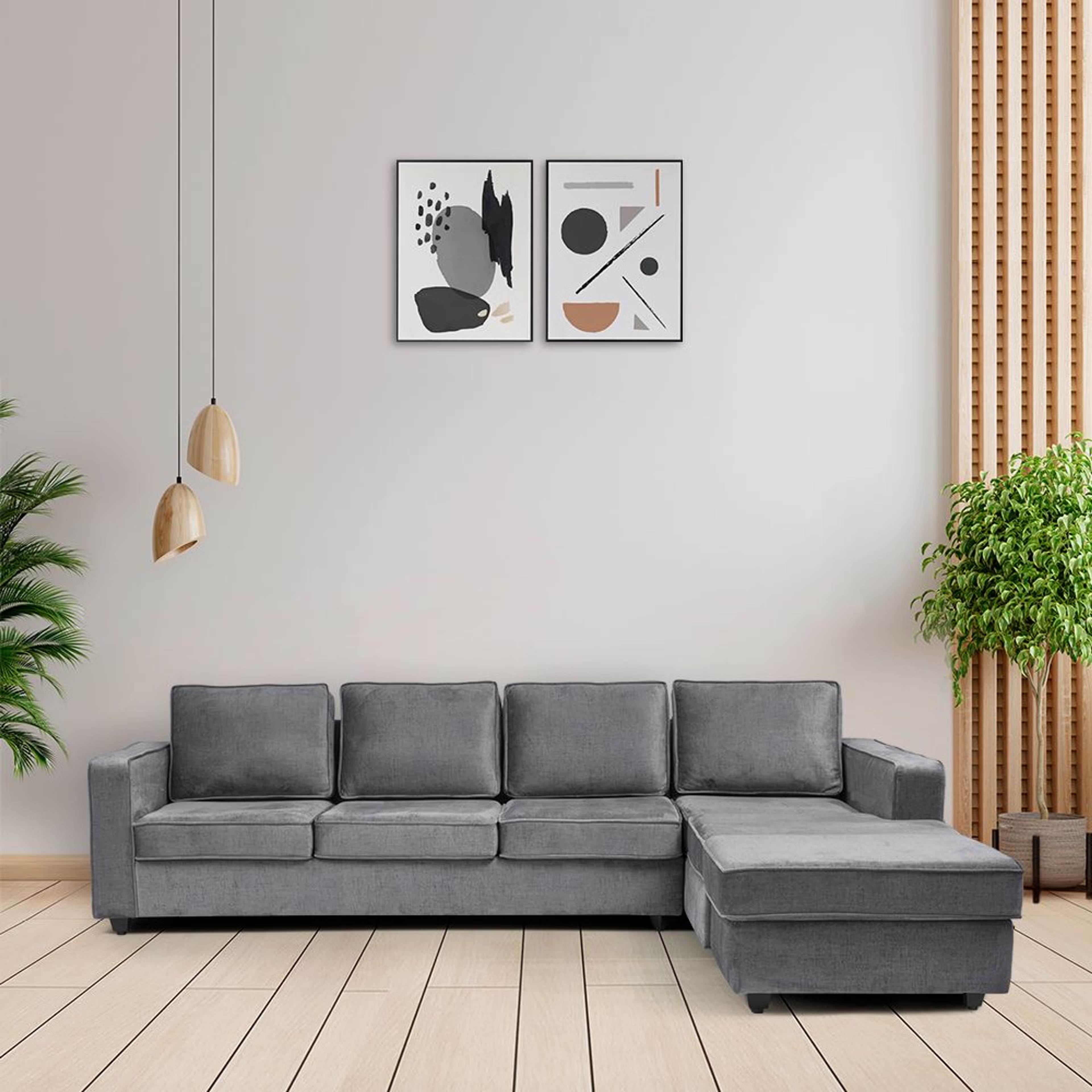 Wakefit Napper Plus L Shape Sofa Set (3 Seater + Right Aligned Chaise with Ottoman) Sectional, Set (3 Seater + Right Aligned Chaise with Ottoman), Charcoal Grey