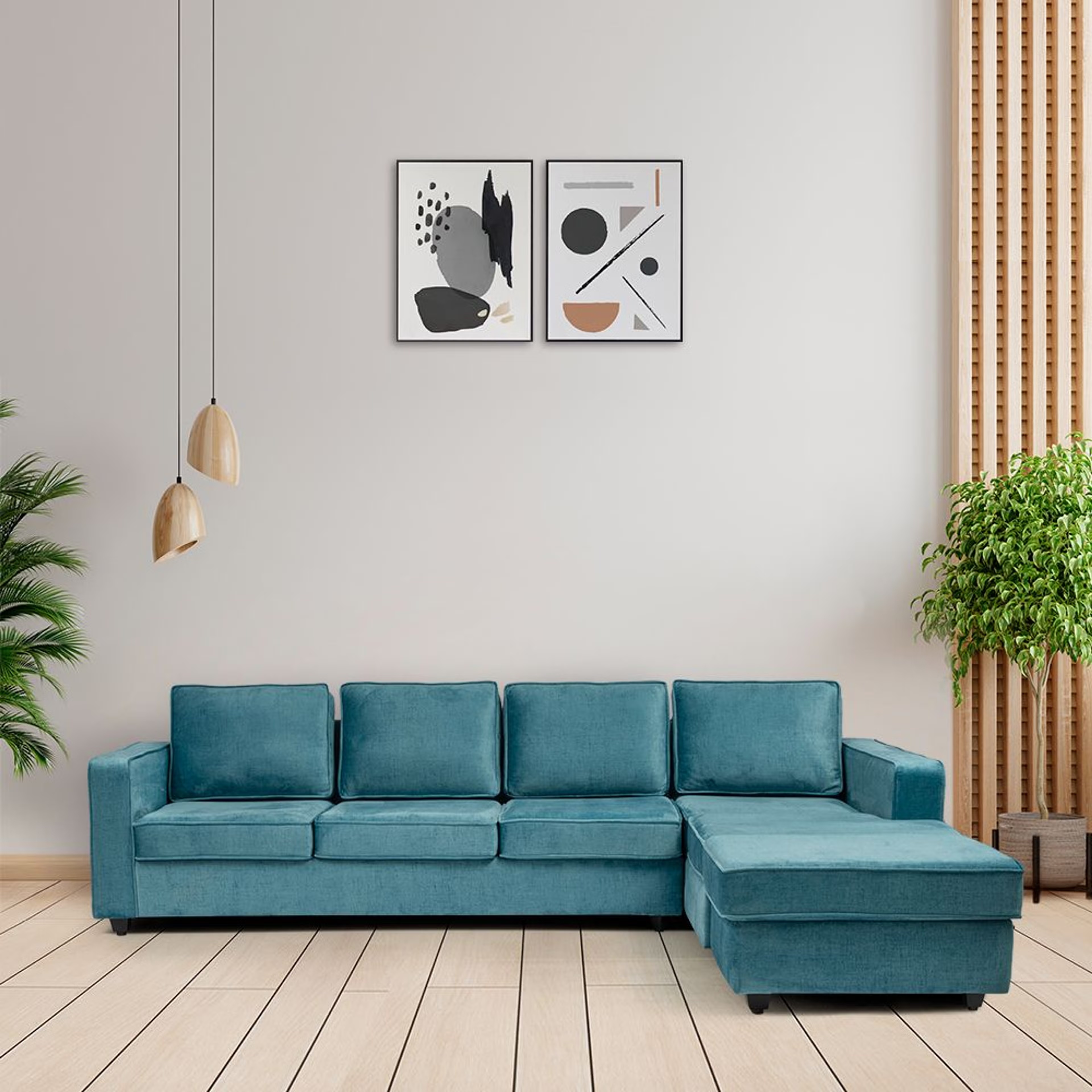 Home 43 Wakefit Napper Plus L Shape Sofa Set (3 Seater + Right Aligned Chaise with Ottoman) Sectional, Set (3 Seater + Right Aligned Chaise with Ottoman), Aqua Blue