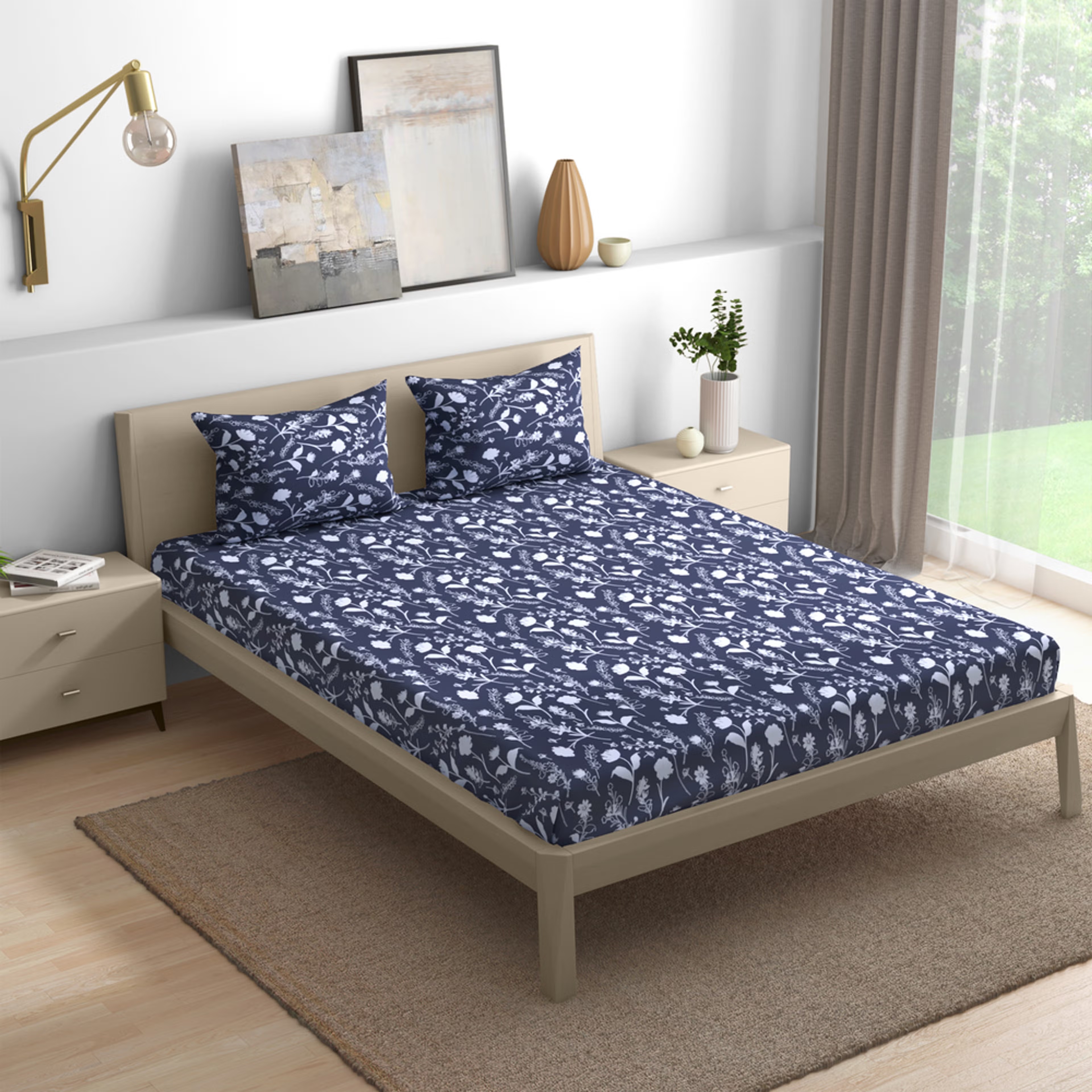 Home 41 Wakefit 100% Cotton 200 TC Fitted Bedsheet With 2 Pillow Cover I Evelyn Queen - 75" x 60\