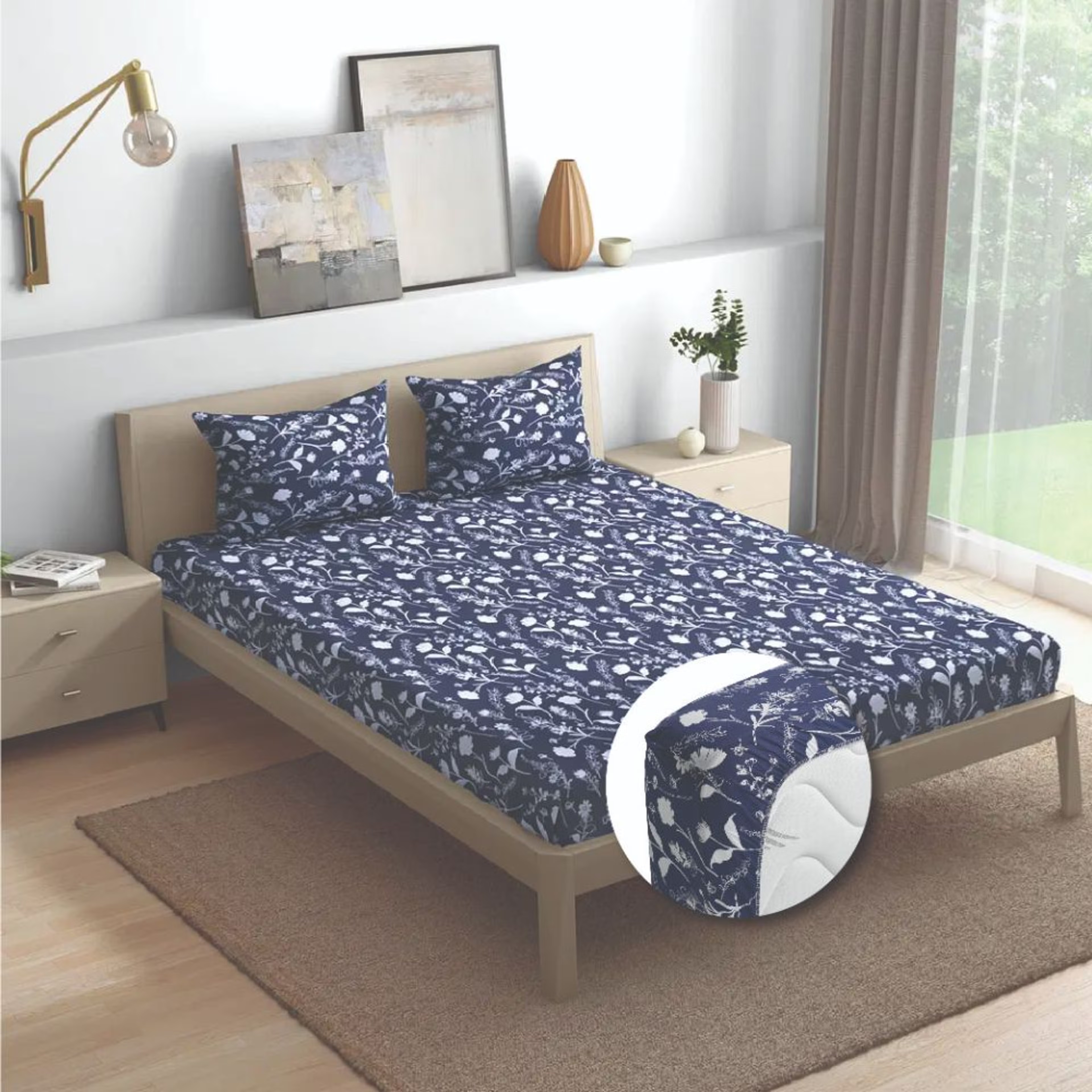 Wakefit 100% Cotton 200 TC Fitted Bedsheet With 2 Pillow Cover I Evelyn King - 75" x 72\