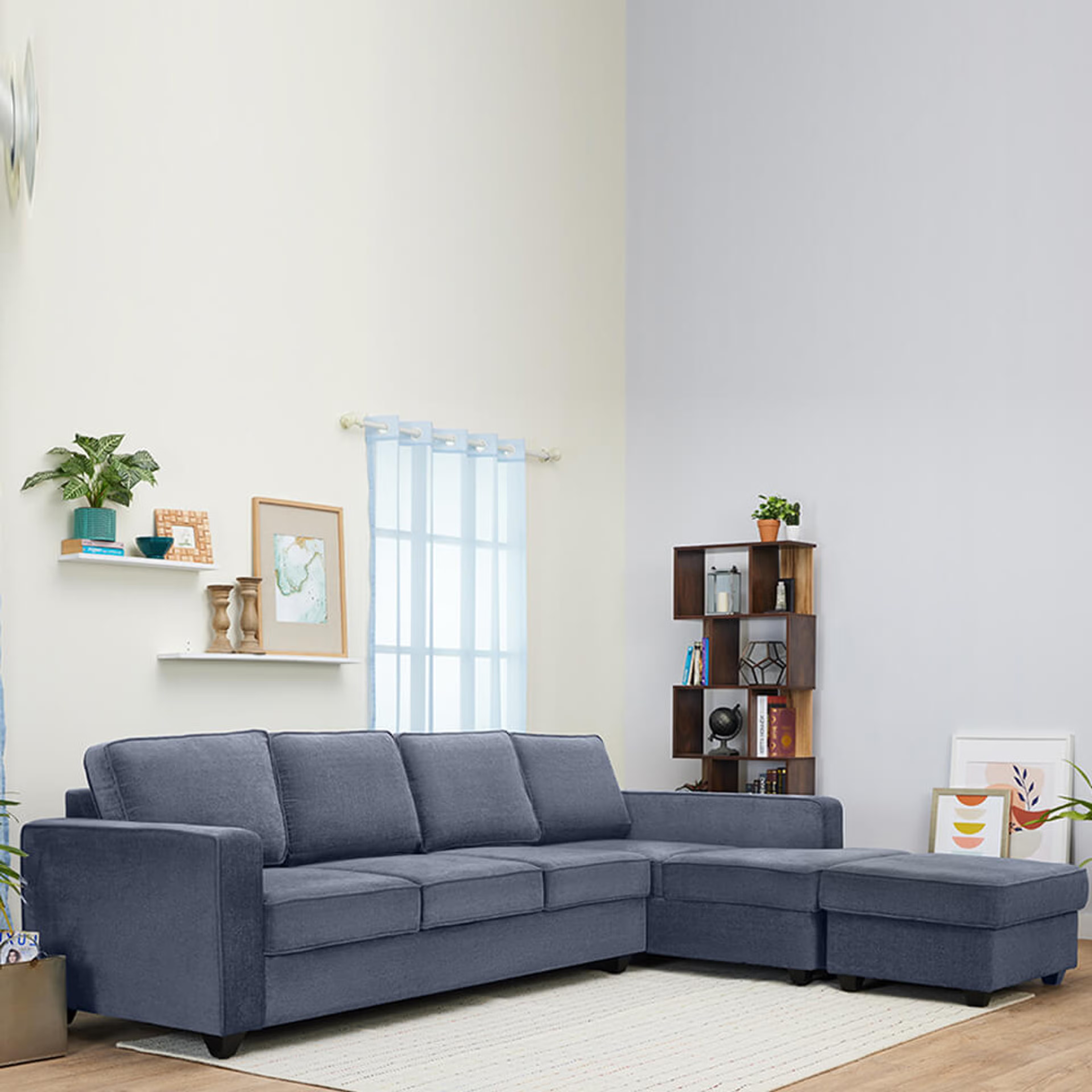 Wakefit Napper L Shape Sofa Set (3 Seater + Right Aligned Chaise with Ottoman) Sectional, Without Storage, 3 + Right Aligned Chaise with Ottoman, Omega Blue