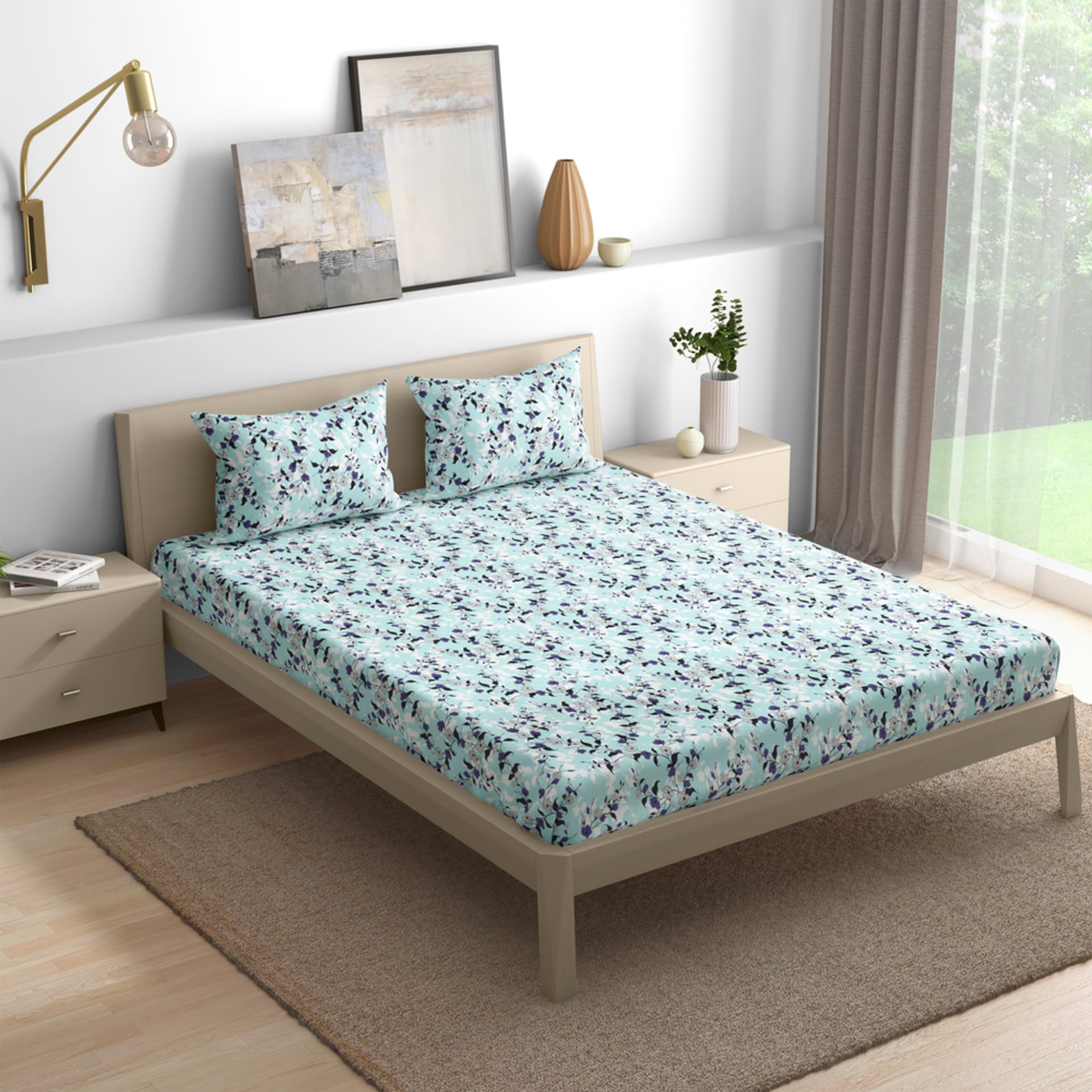 Home 29 Wakefit 100% Cotton 200 TC Fitted Bedsheet With 2 Pillow Cover | Cicely Queen - 72" x 60\