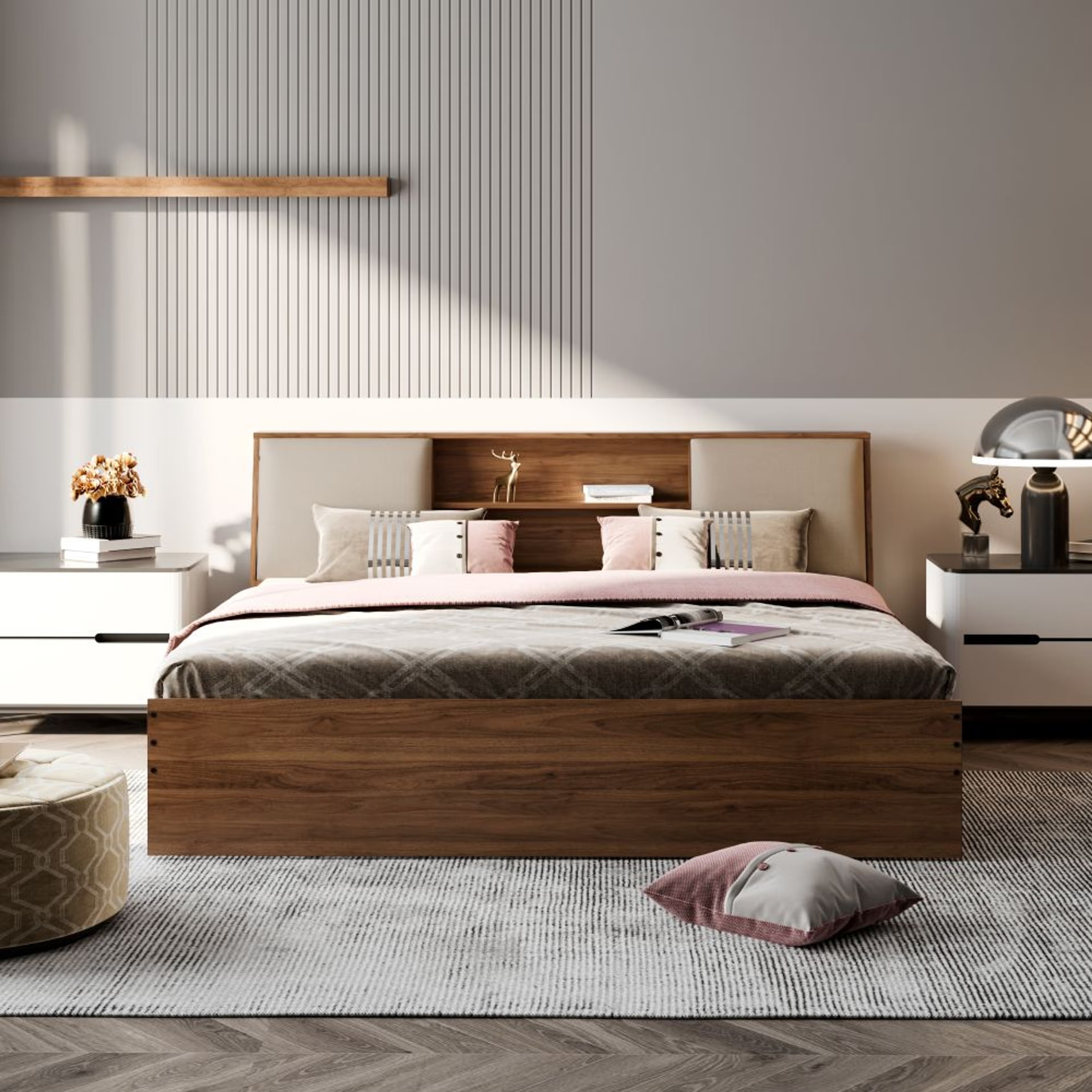 Home 28 Wakefit Orion King Non- Storage Engineered Wood Bed With Omega Pearl Upholstered Headboard King - 78" x 72\