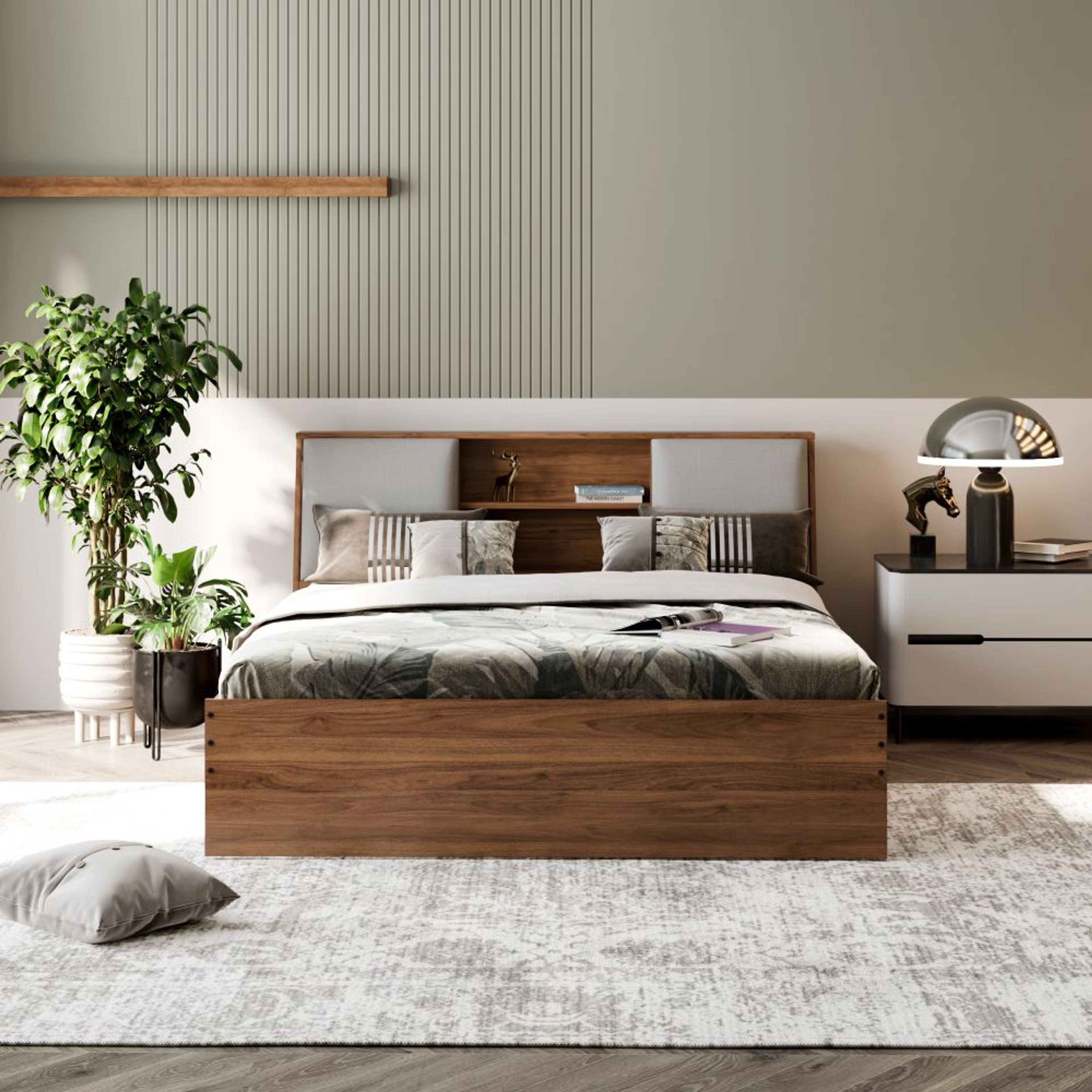 Wakefit Orion Queen Non- Storage Engineered Wood Bed With Omega Grey Upholstered Headboard Queen - 78" x 60\