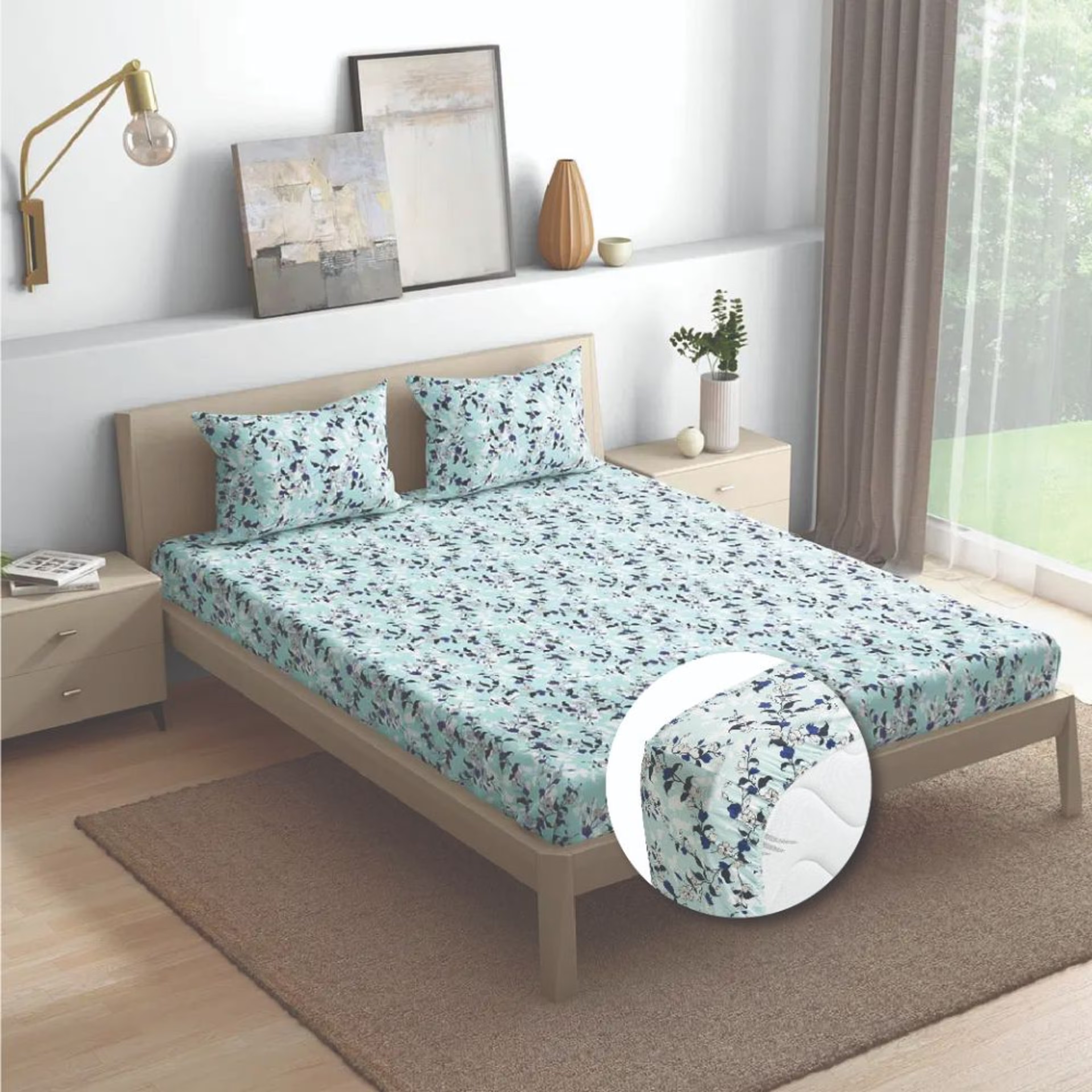 Wakefit 100% Cotton 200 TC Fitted Bedsheet With 2 Pillow Cover | Cicely King - 72" x 70\